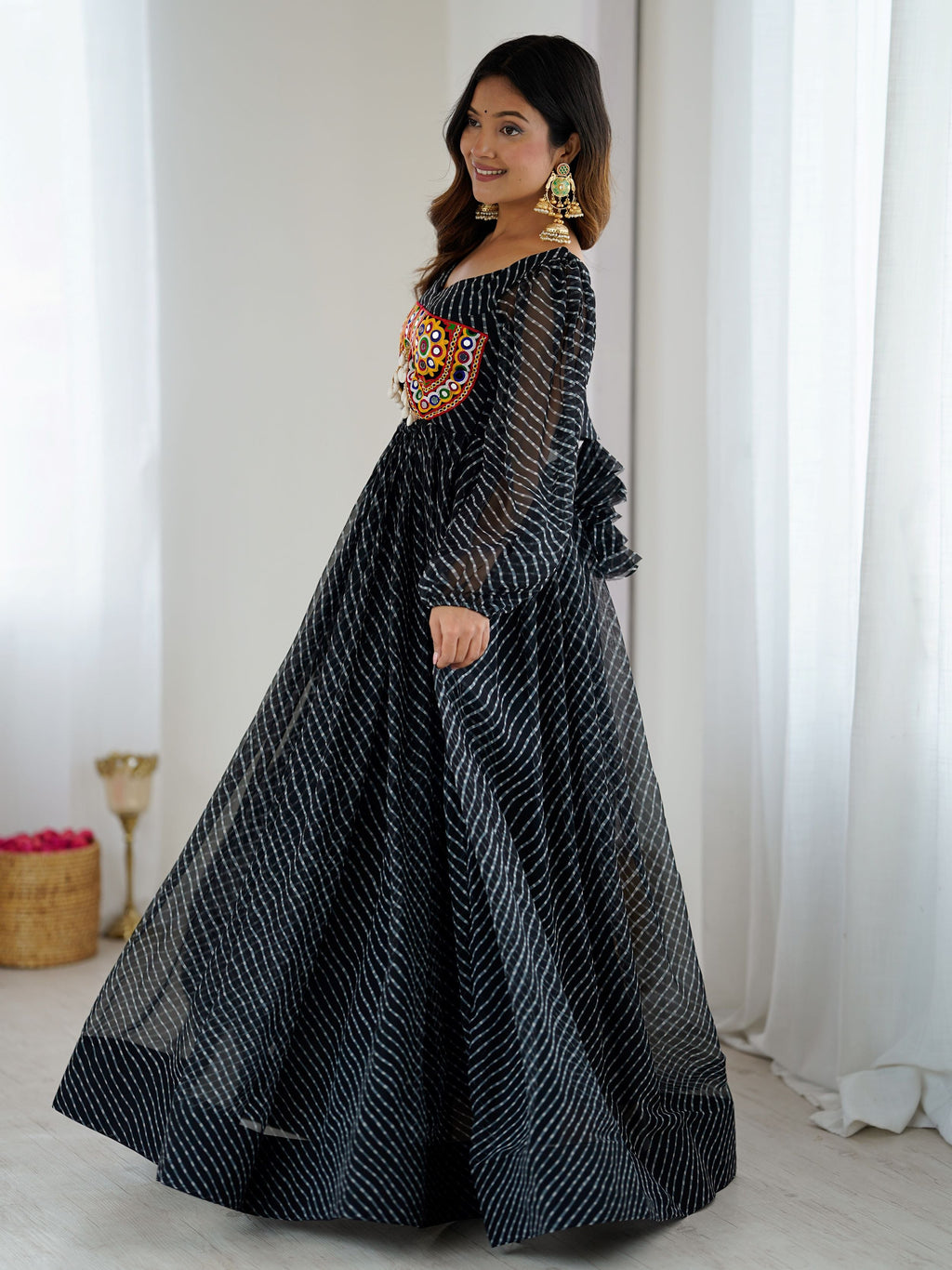 Pretty Black Georgette Printed Navratri Special Gown