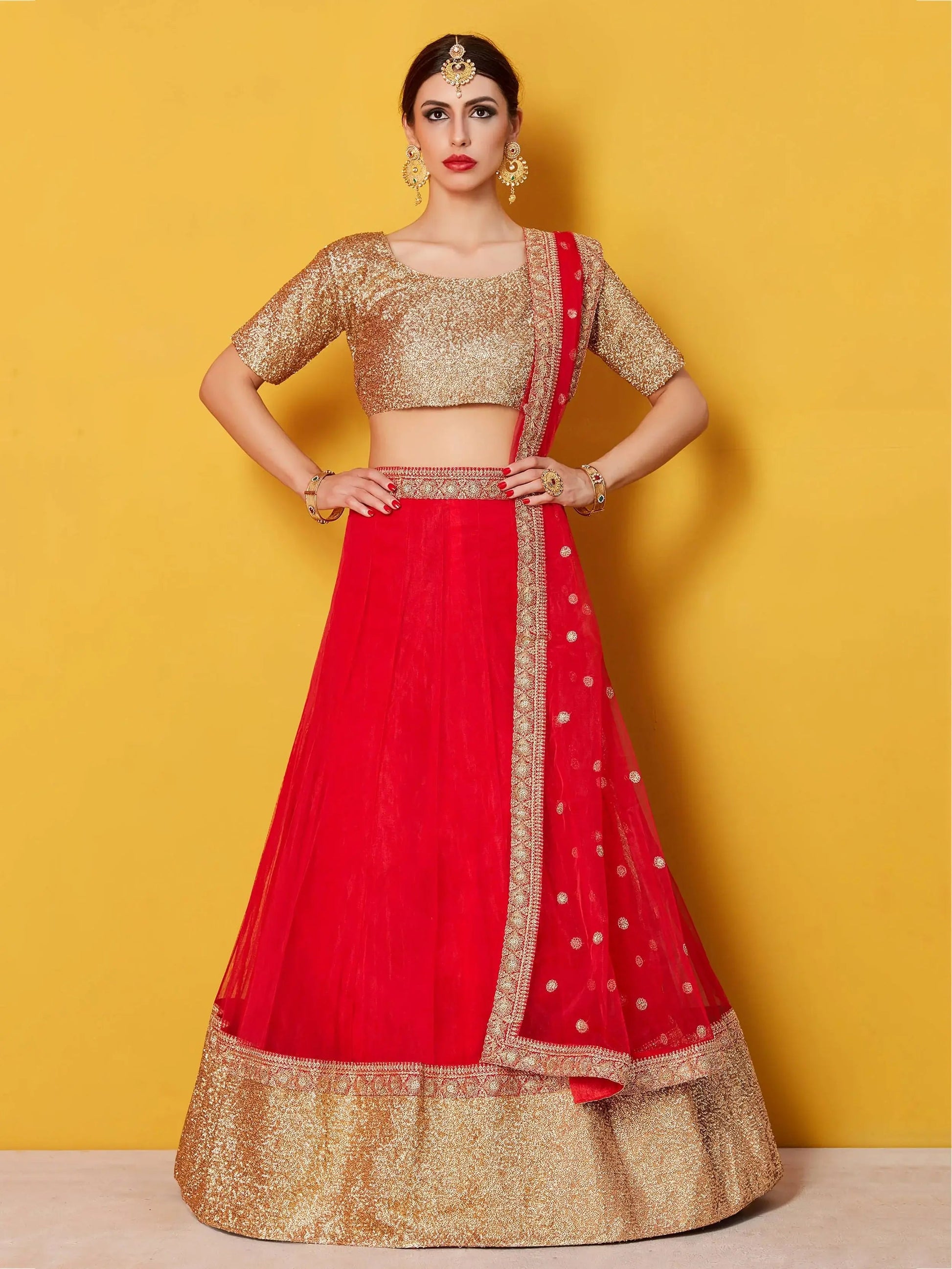 Stunning Red Art Silk Sequins Wedding Wear Lehenga Choli With Dupatta