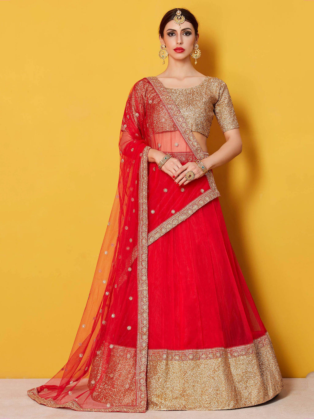 Stunning Red Art Silk Sequins Wedding Wear Lehenga Choli With Dupatta