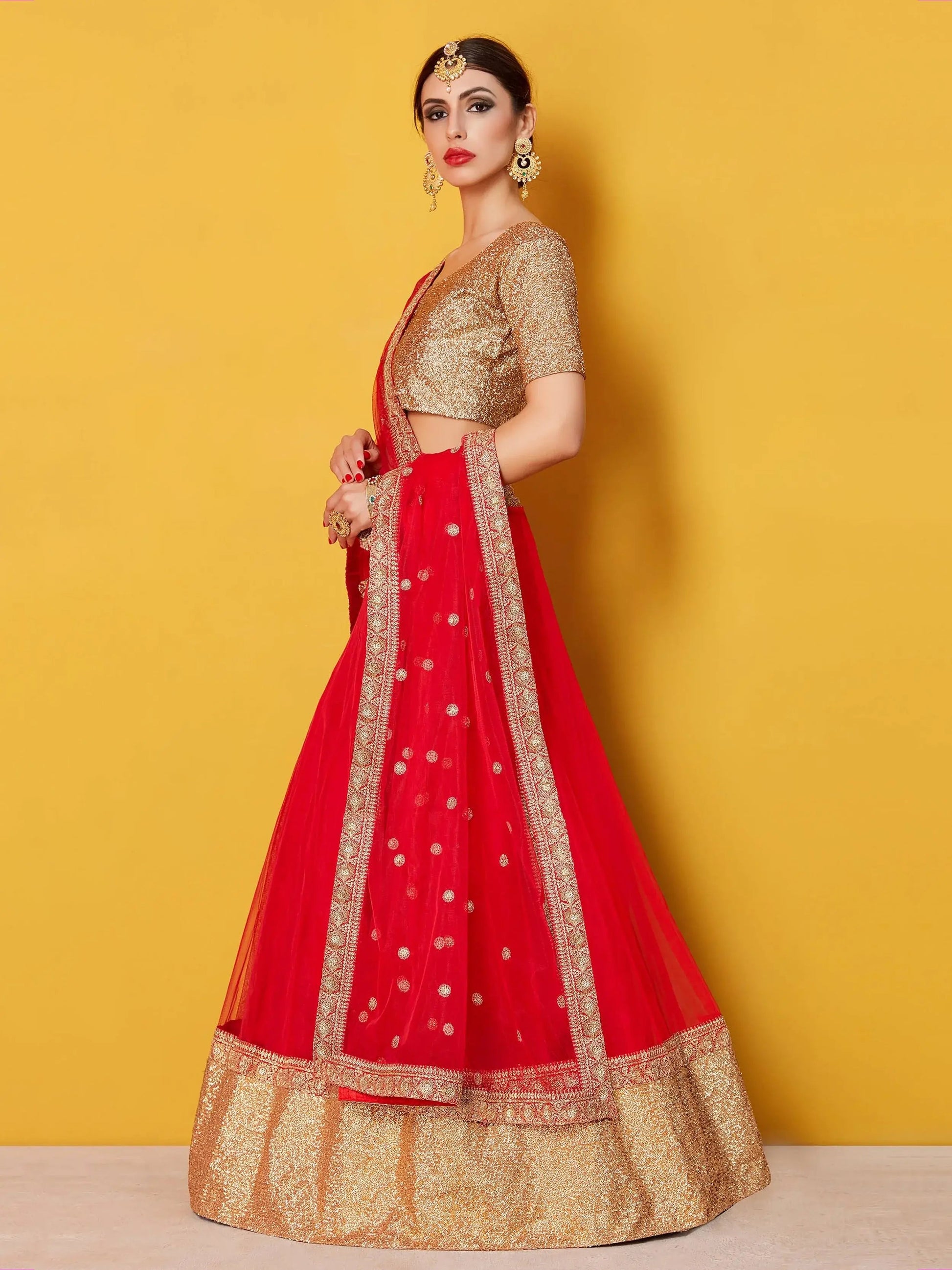 Stunning Red Art Silk Sequins Wedding Wear Lehenga Choli With Dupatta