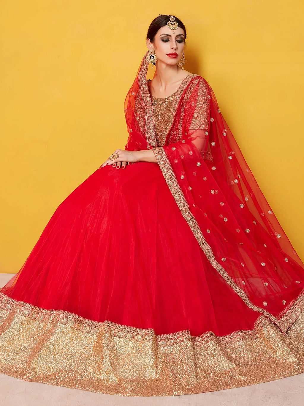 Stunning Red Art Silk Sequins Wedding Wear Lehenga Choli With Dupatta