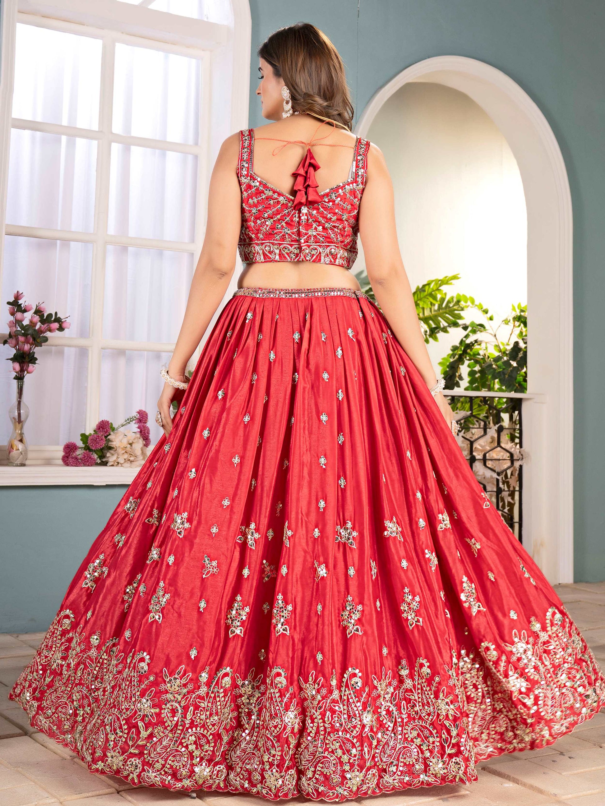 Fabulous Red Chinon Embroidered Sequins Wedding Lehenga Choli