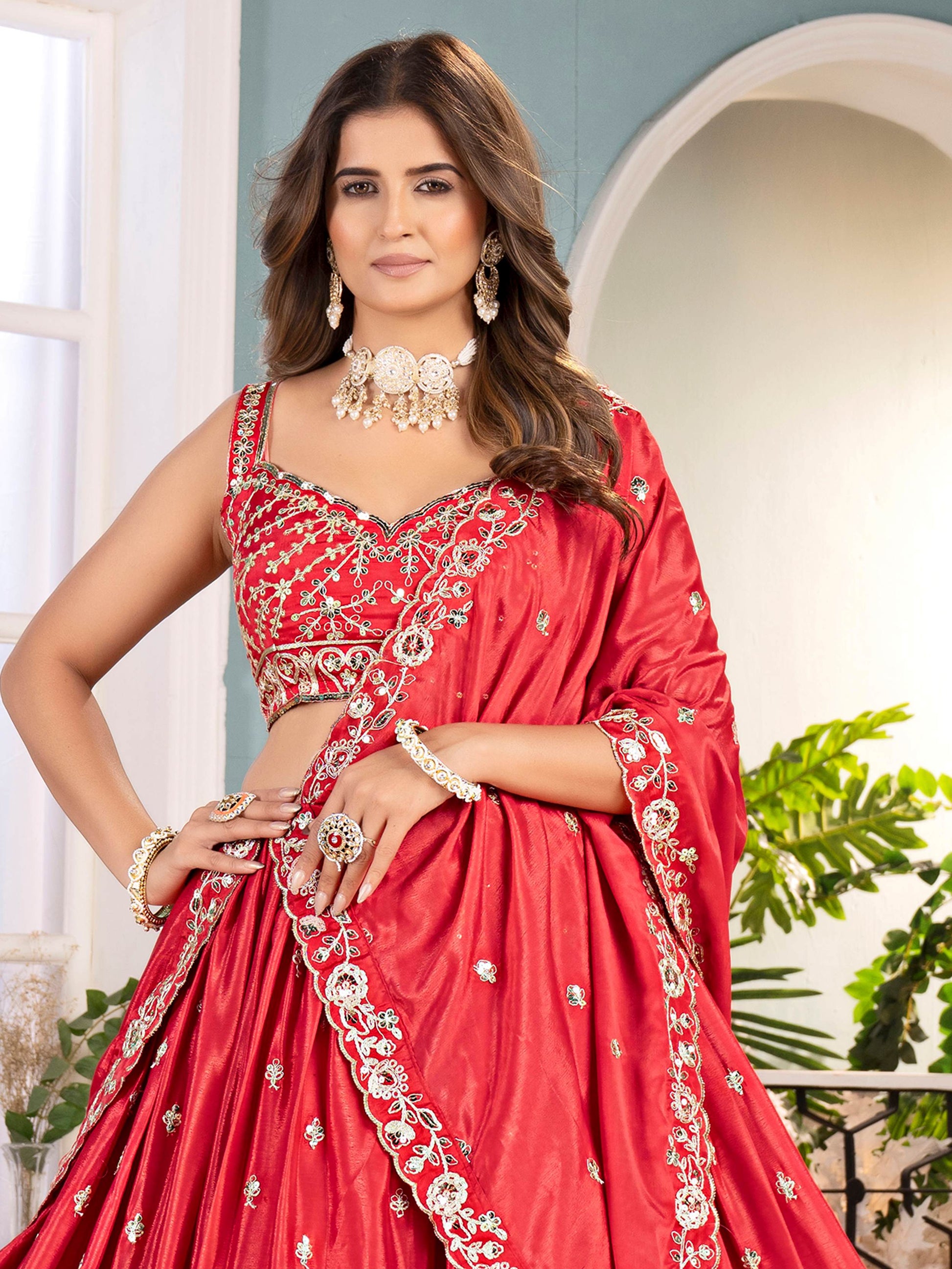Fabulous Red Chinon Embroidered Sequins Wedding Lehenga Choli