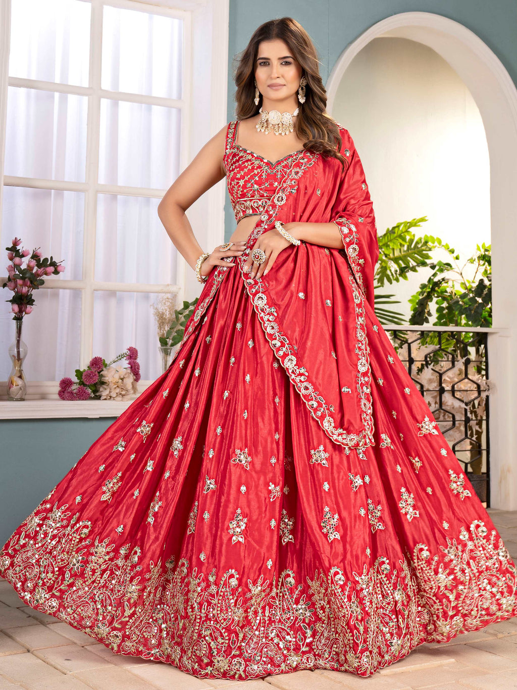 Fabulous Red Chinon Embroidered Sequins Wedding Lehenga Choli