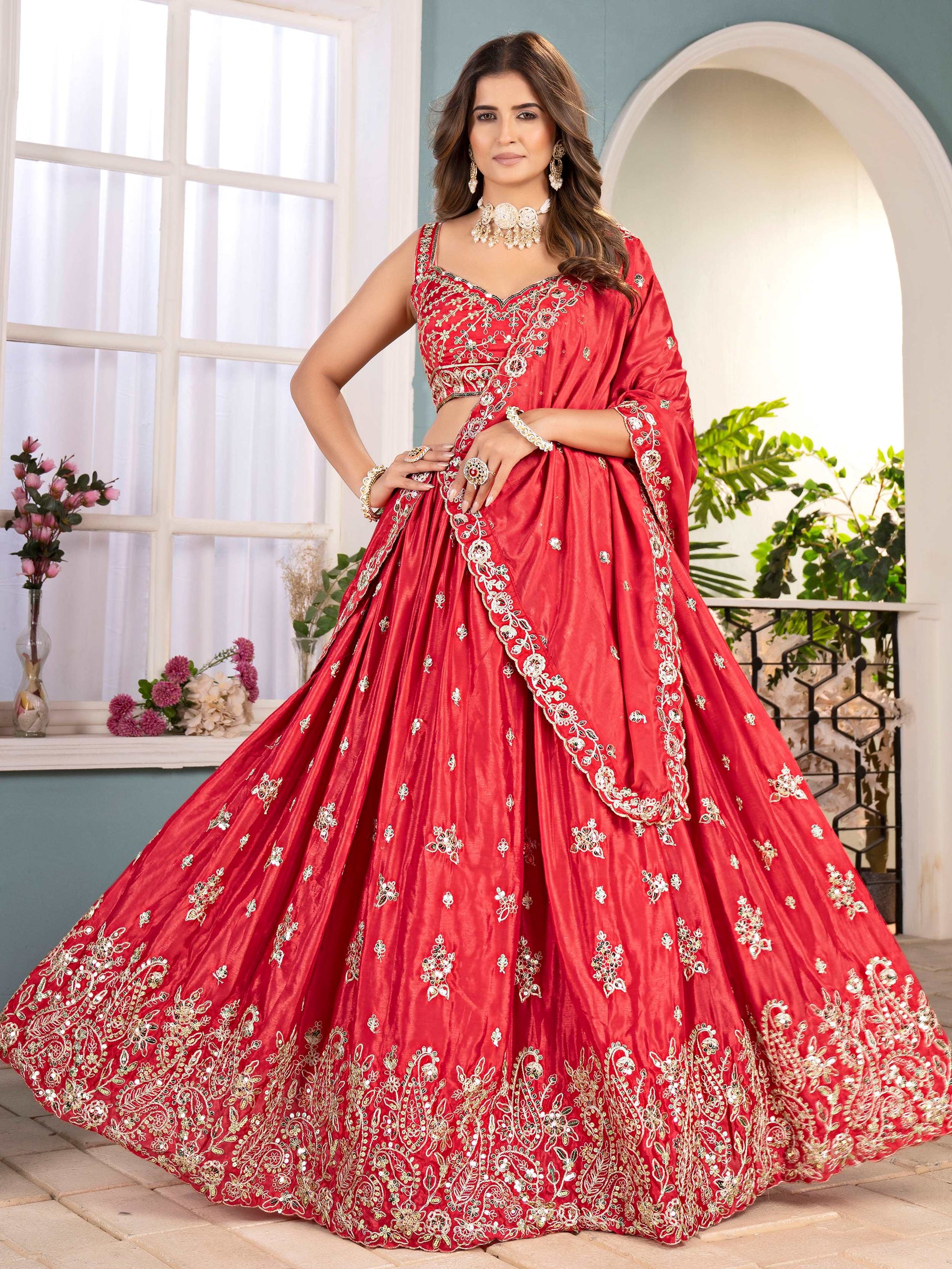 Fabulous Red Chinon Embroidered Sequins Wedding Lehenga Choli
