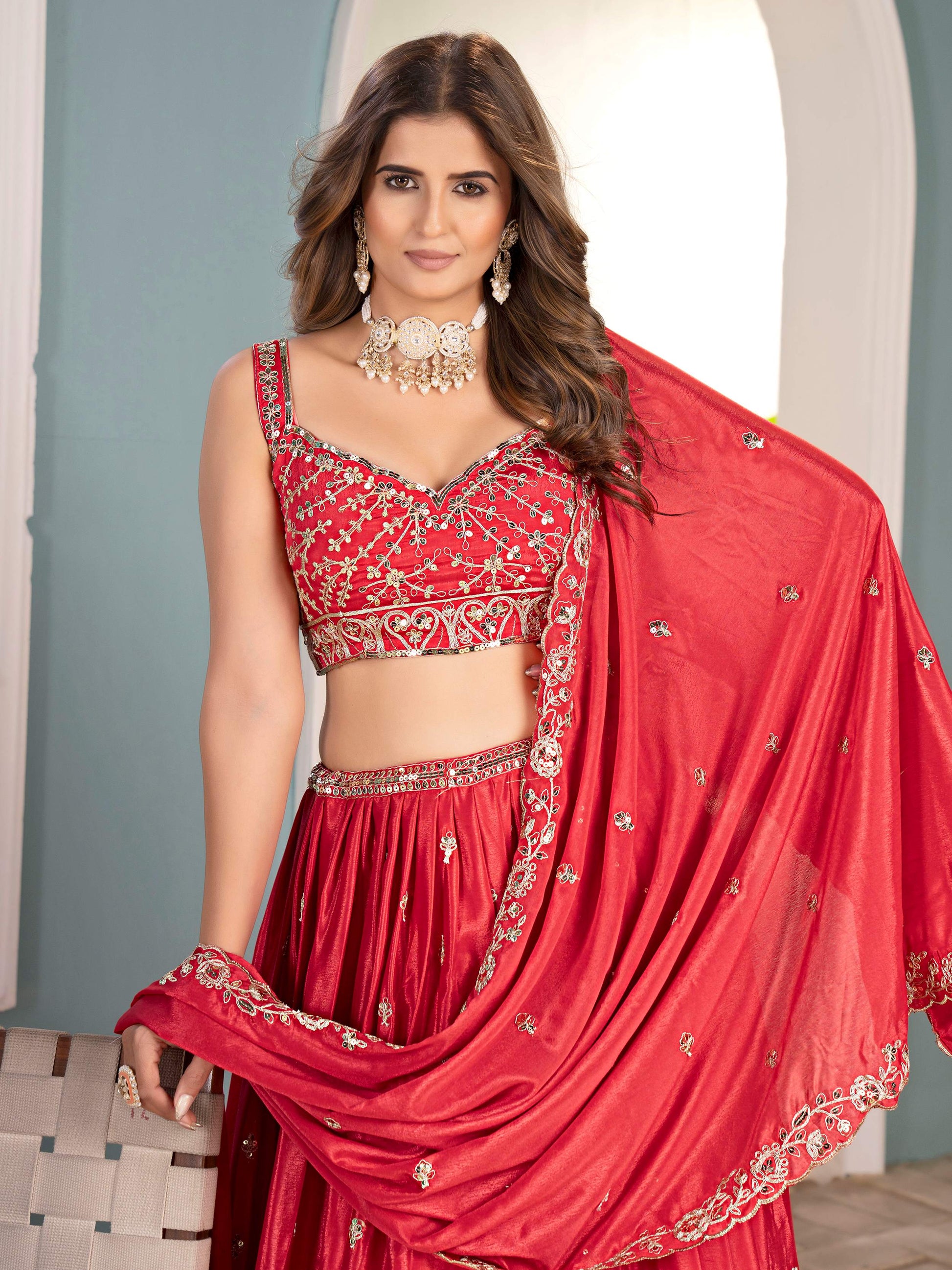Fabulous Red Chinon Embroidered Sequins Wedding Lehenga Choli