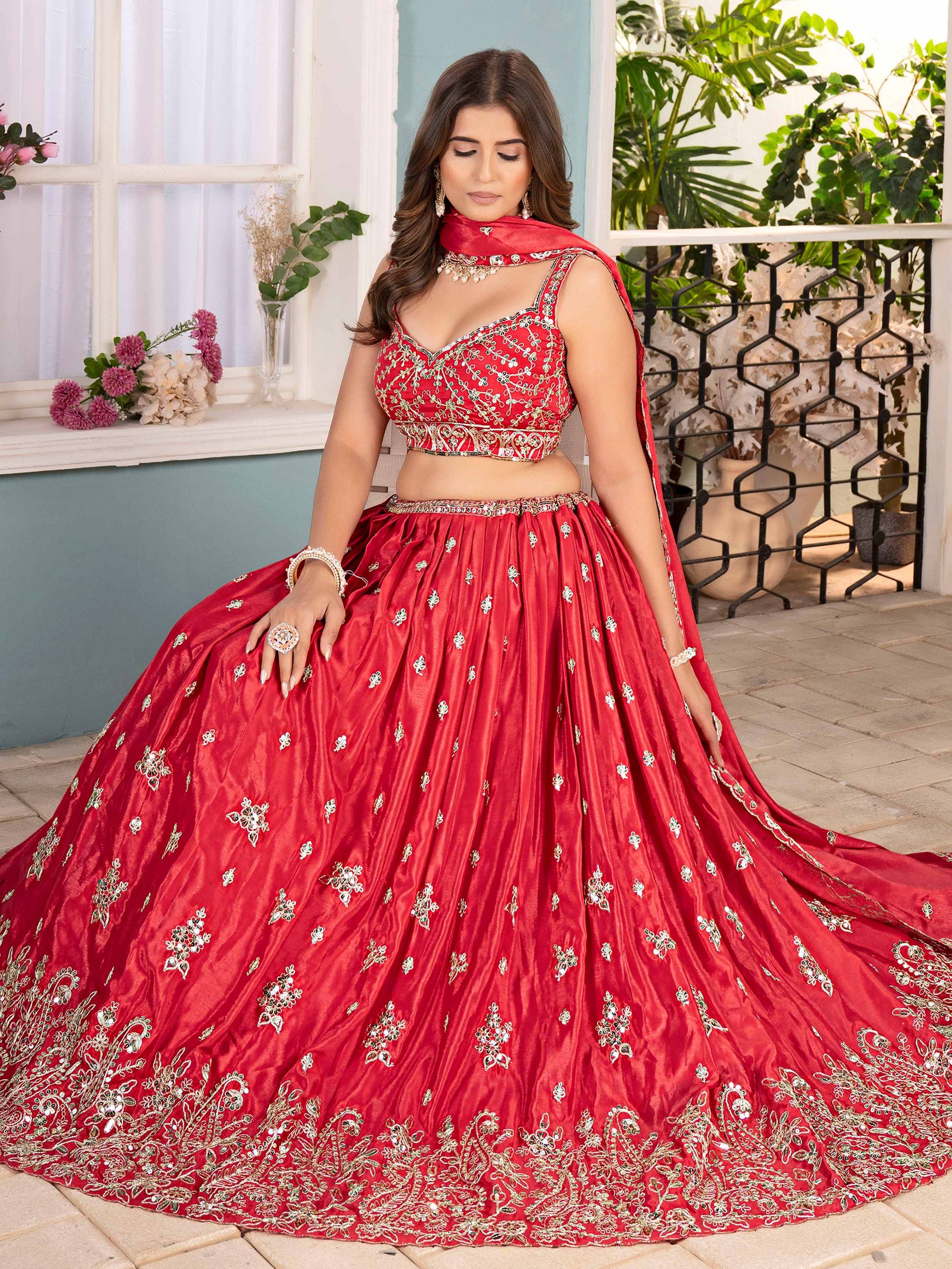 Fabulous Red Chinon Embroidered Sequins Wedding Lehenga Choli