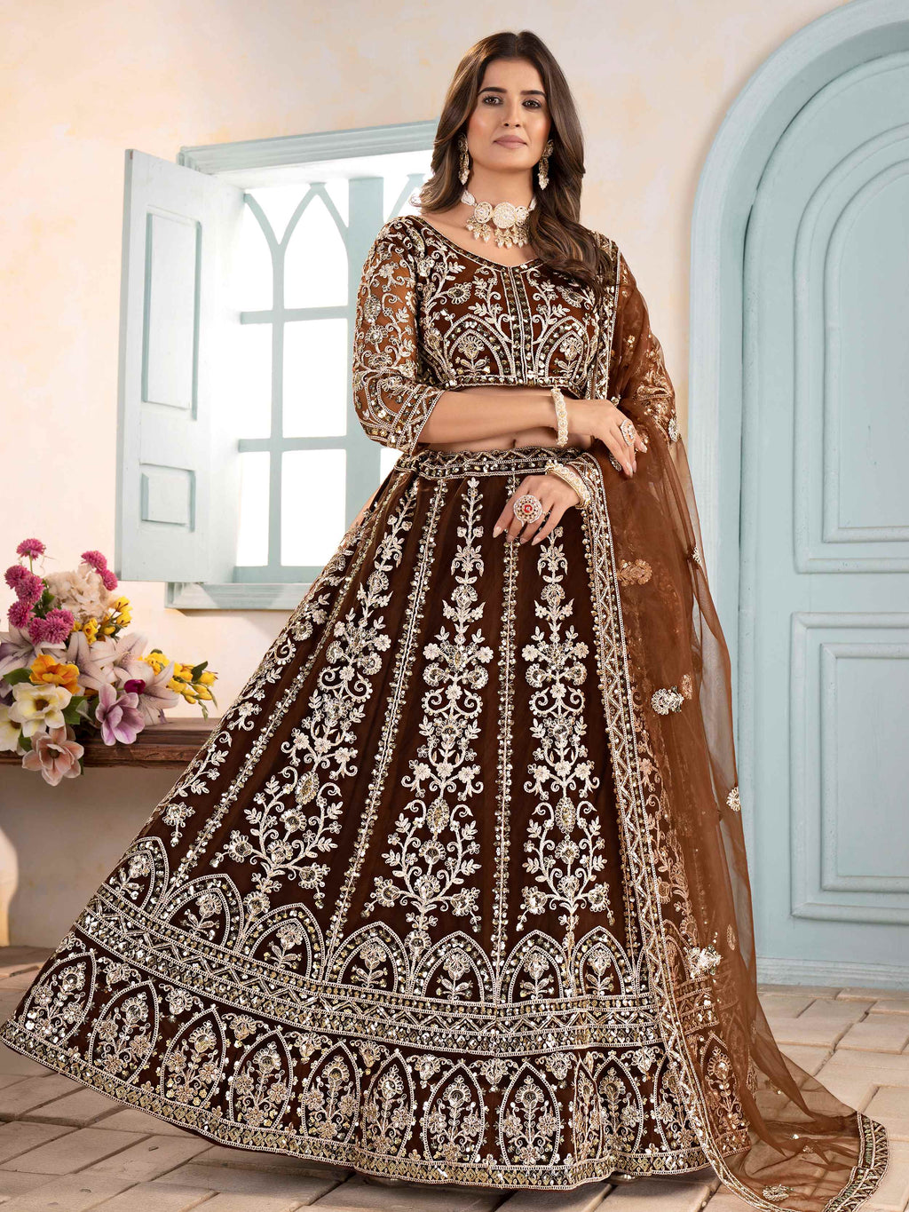 Excellent Brown Sequins Work Function Wear Lehenga Choli