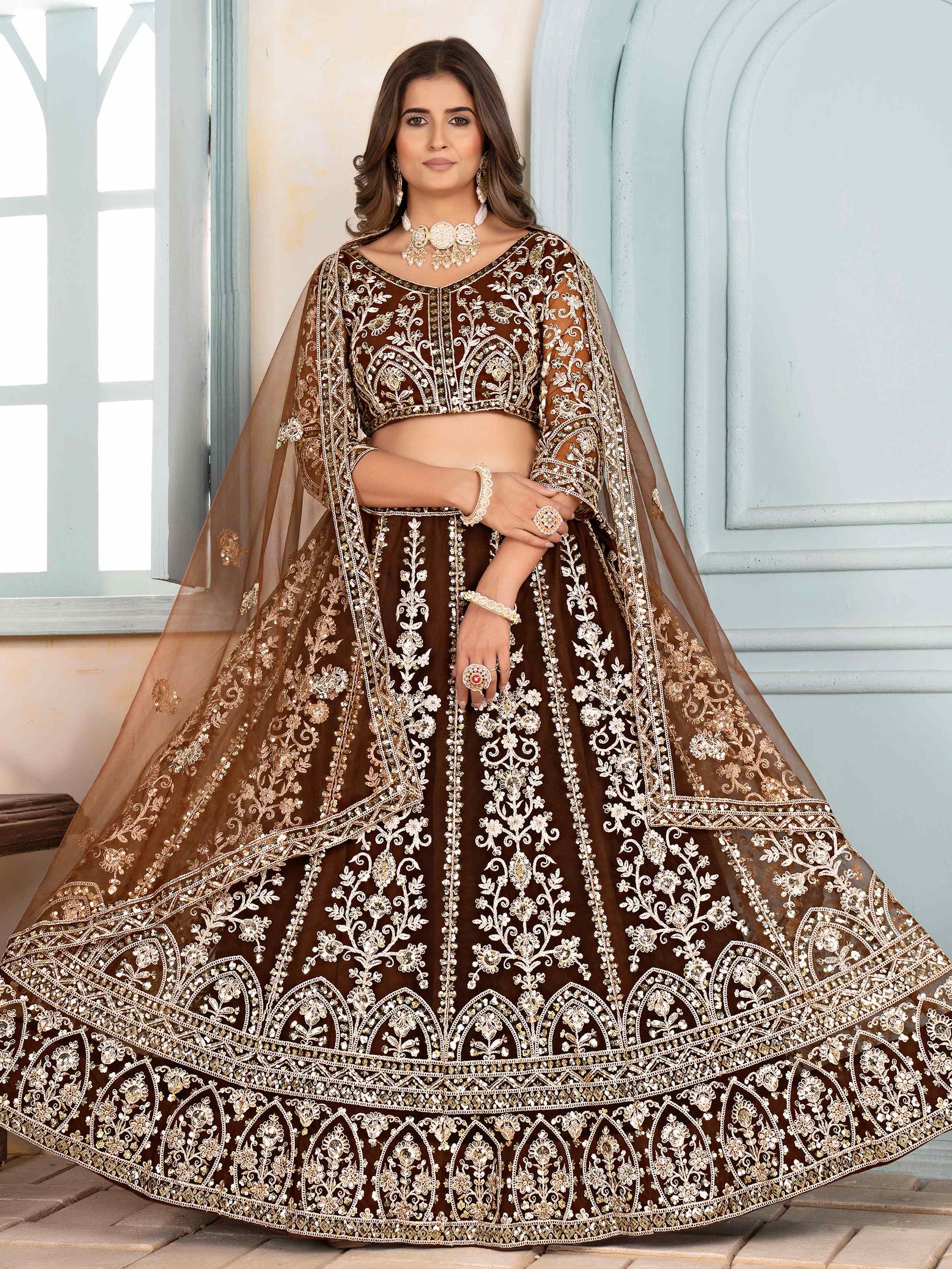 Excellent Brown Sequins Work Function Wear Lehenga Choli