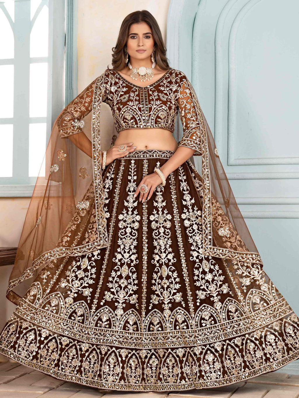 Excellent Brown Sequins Work Function Wear Lehenga Choli