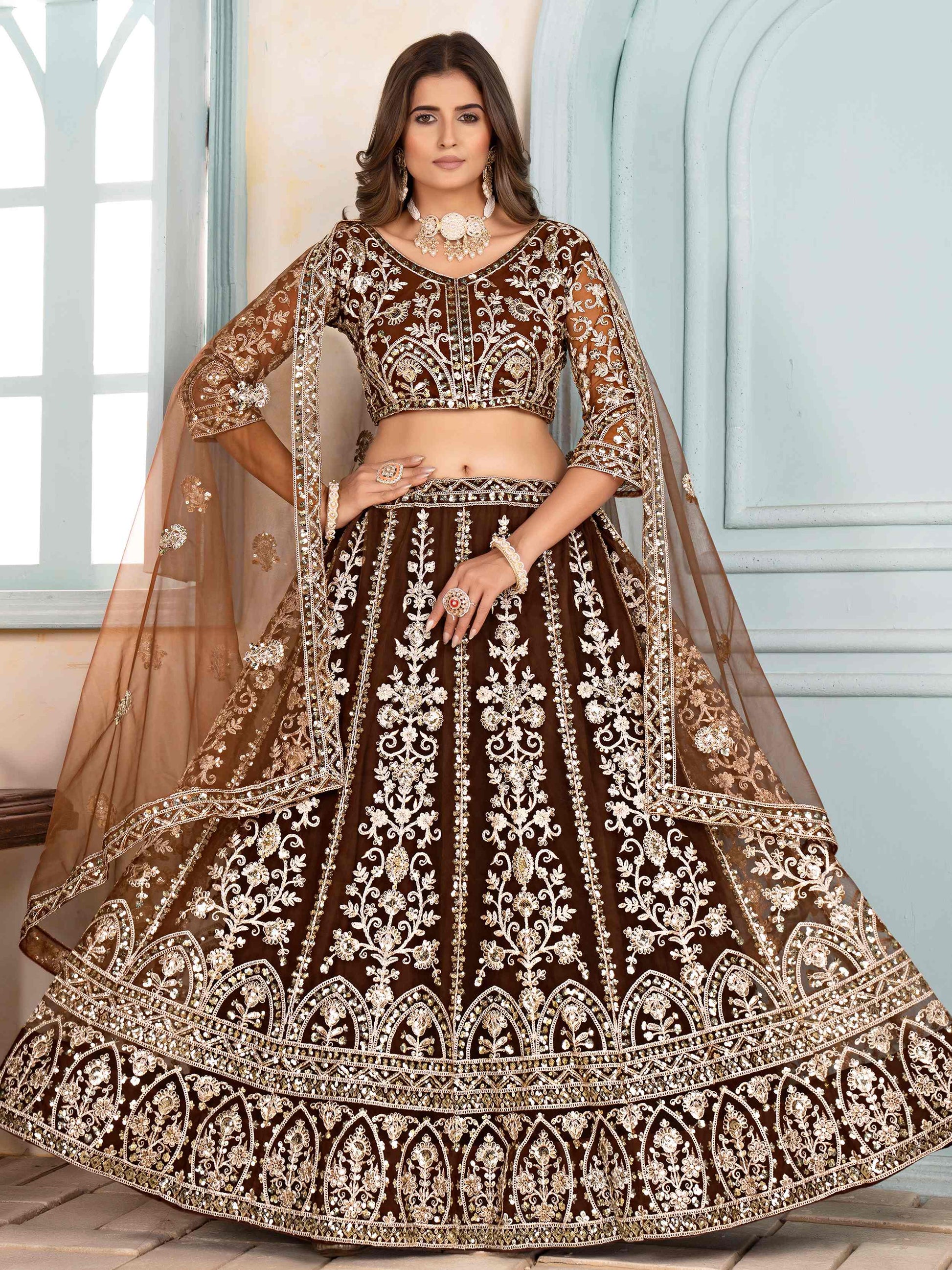 Excellent Brown Sequins Work Function Wear Lehenga Choli