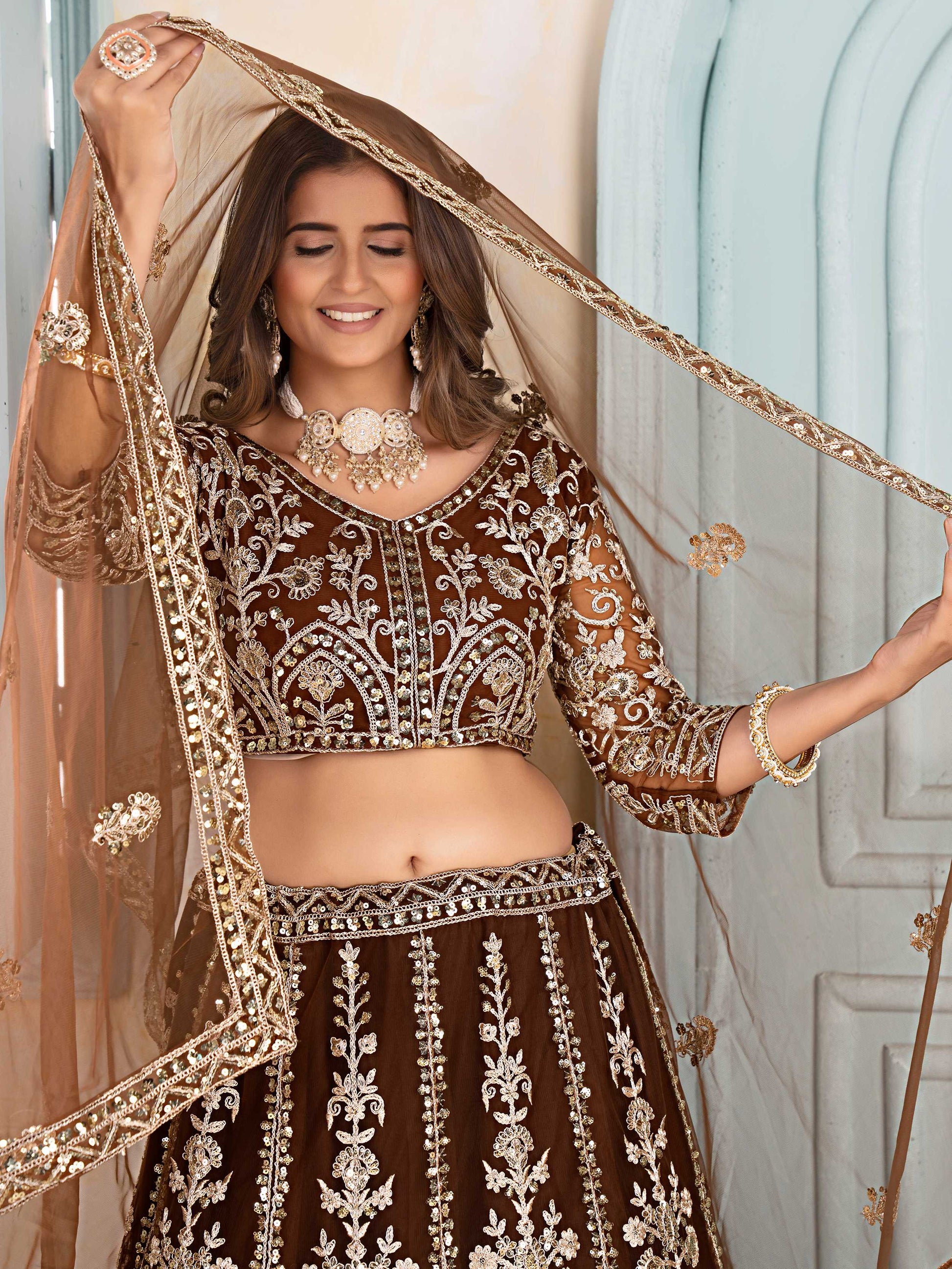 Excellent Brown Sequins Work Function Wear Lehenga Choli
