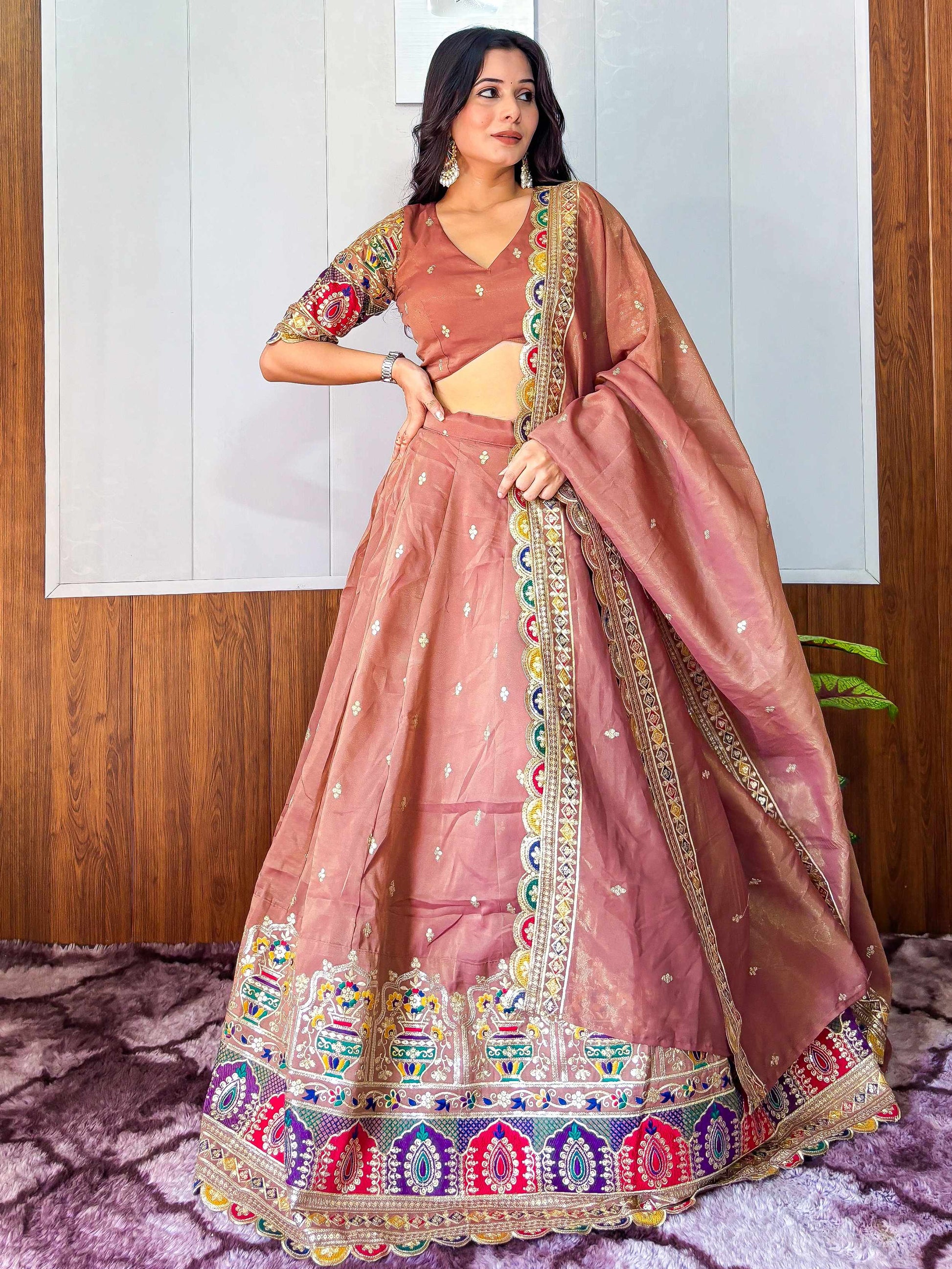 Elegant Rust Silk Sequins Embroidered Lehenga Choli With Dupatta