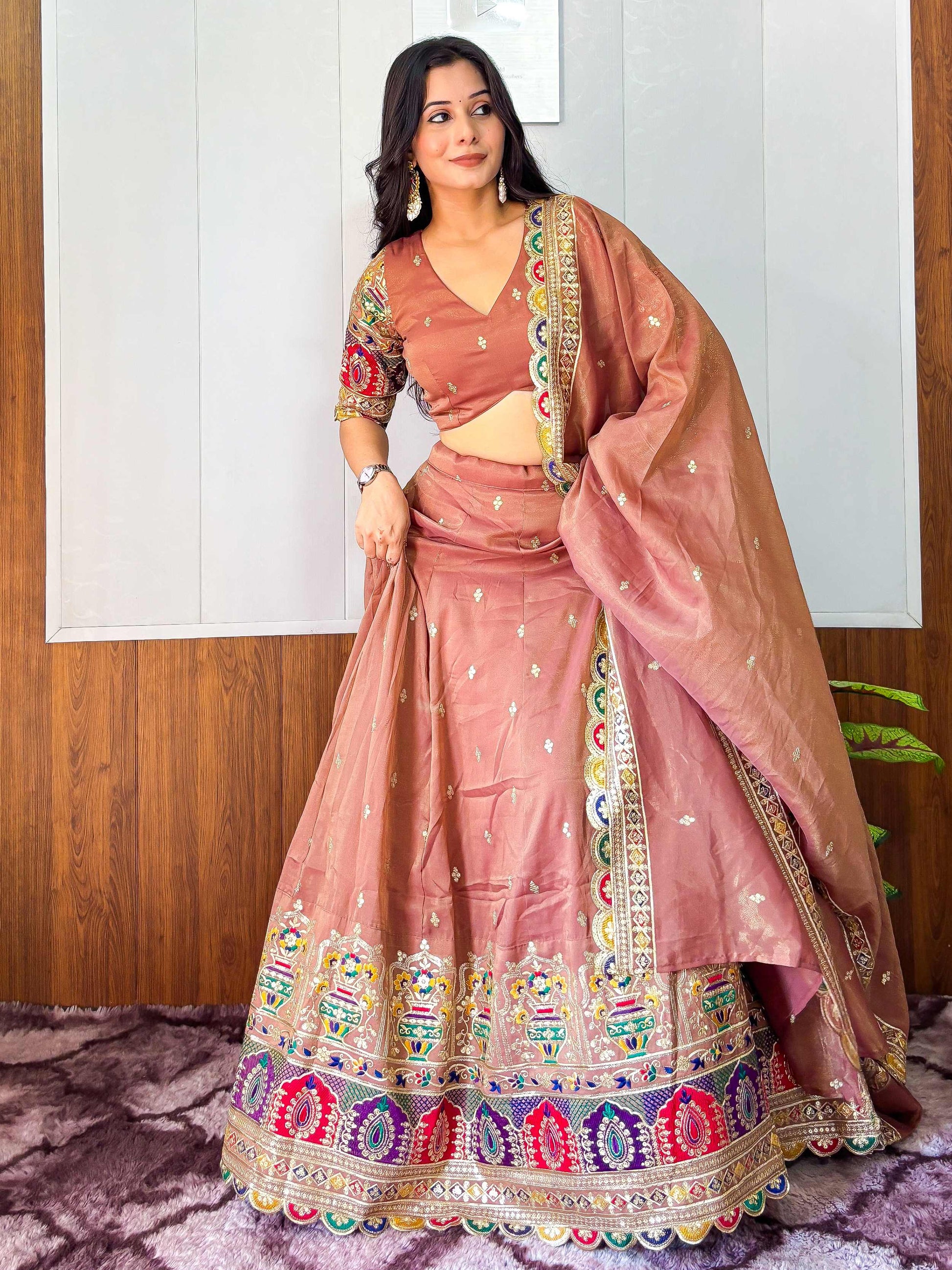 Elegant Rust Silk Sequins Embroidered Lehenga Choli With Dupatta