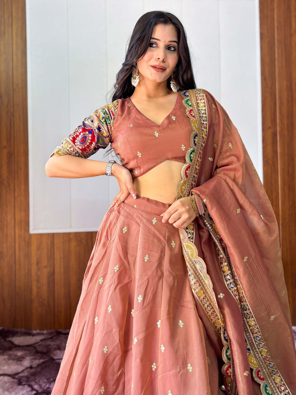 Elegant Rust Silk Sequins Embroidered Lehenga Choli With Dupatta