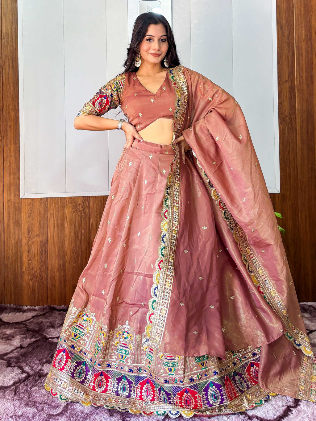 Elegant Rust Silk Sequins Embroidered Lehenga Choli With Dupatta