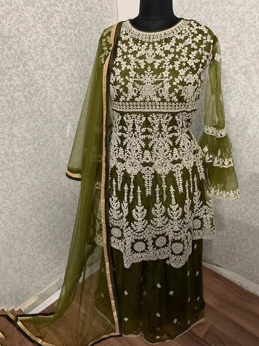 Beautiful Green Net Embroidered Palazzo Suit With Dupatta