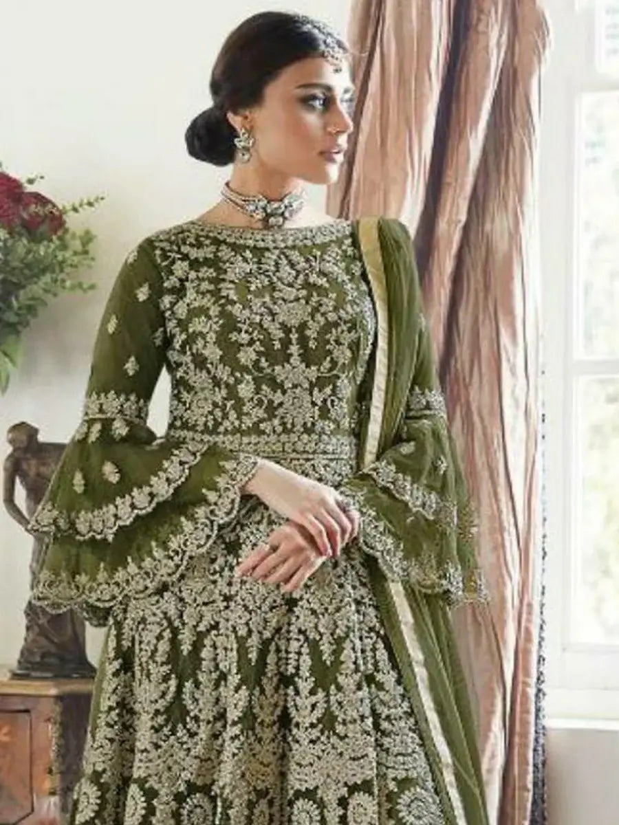 Beautiful Green Net Embroidered Palazzo Suit With Dupatta