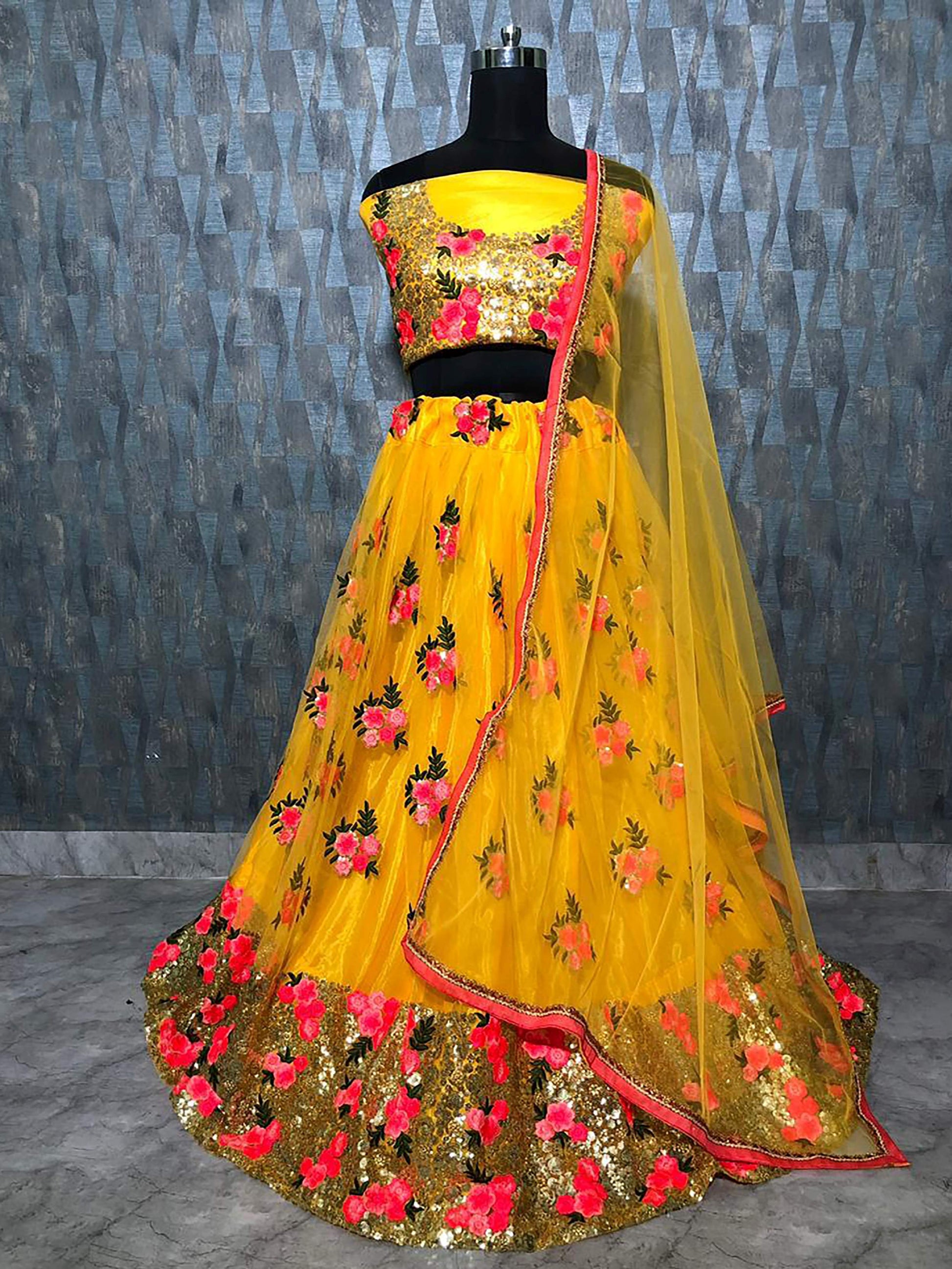 Fantastic Yellow Net Floral Embroidered Lehenga Choli With Dupatta