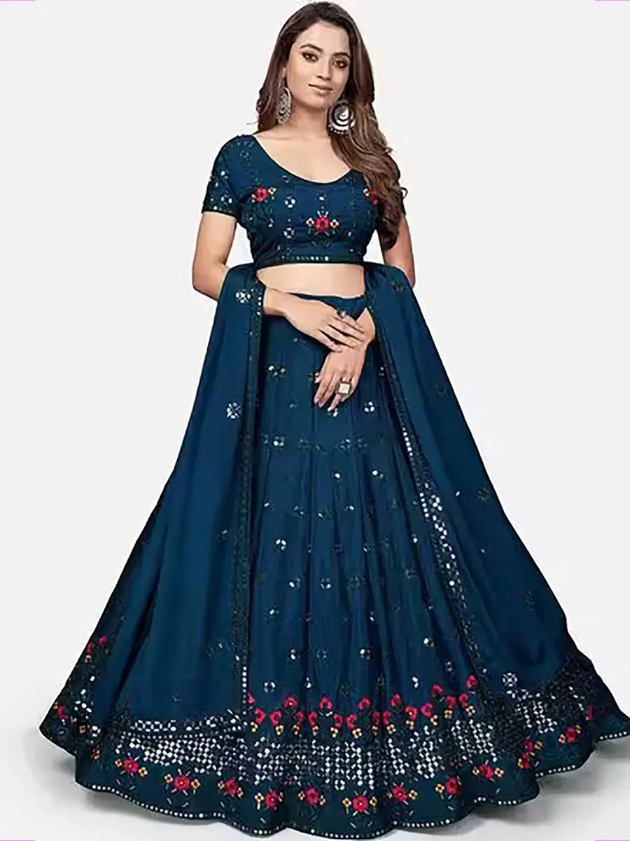 Lavishing Teal Blue Georgette Embroidered Festive Lehenga Choli
