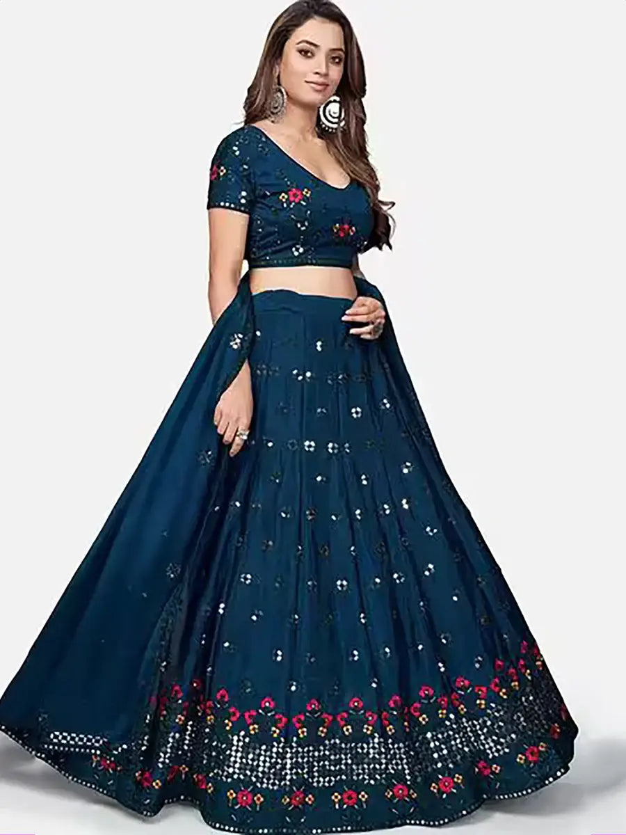 Lavishing Teal Blue Georgette Embroidered Festive Lehenga Choli