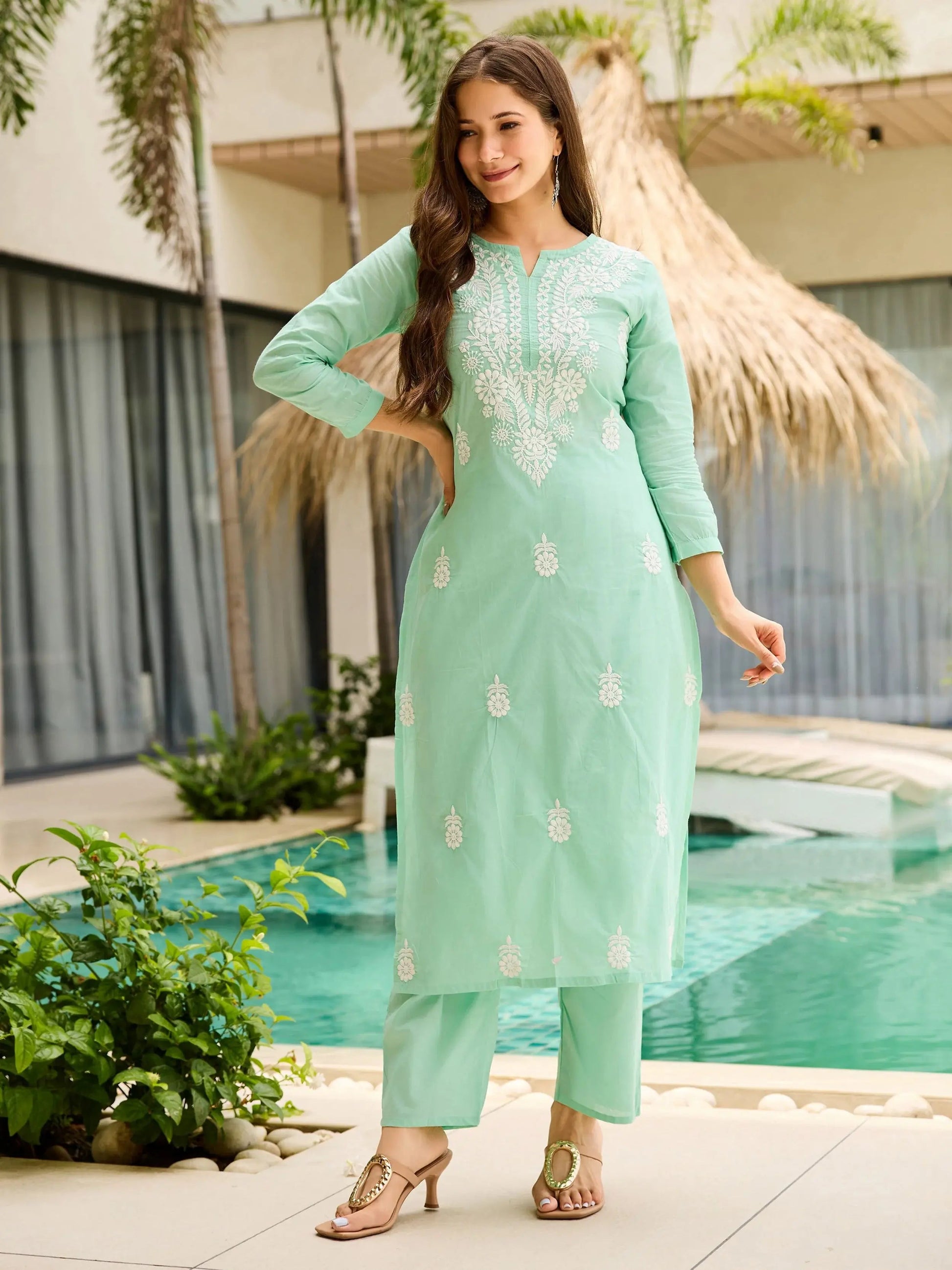 Timeless Turquoise Cotton Embroidered Office Wear Straight Suit