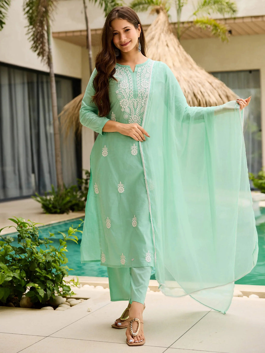 Timeless Turquoise Cotton Embroidered Office Wear Straight Suit