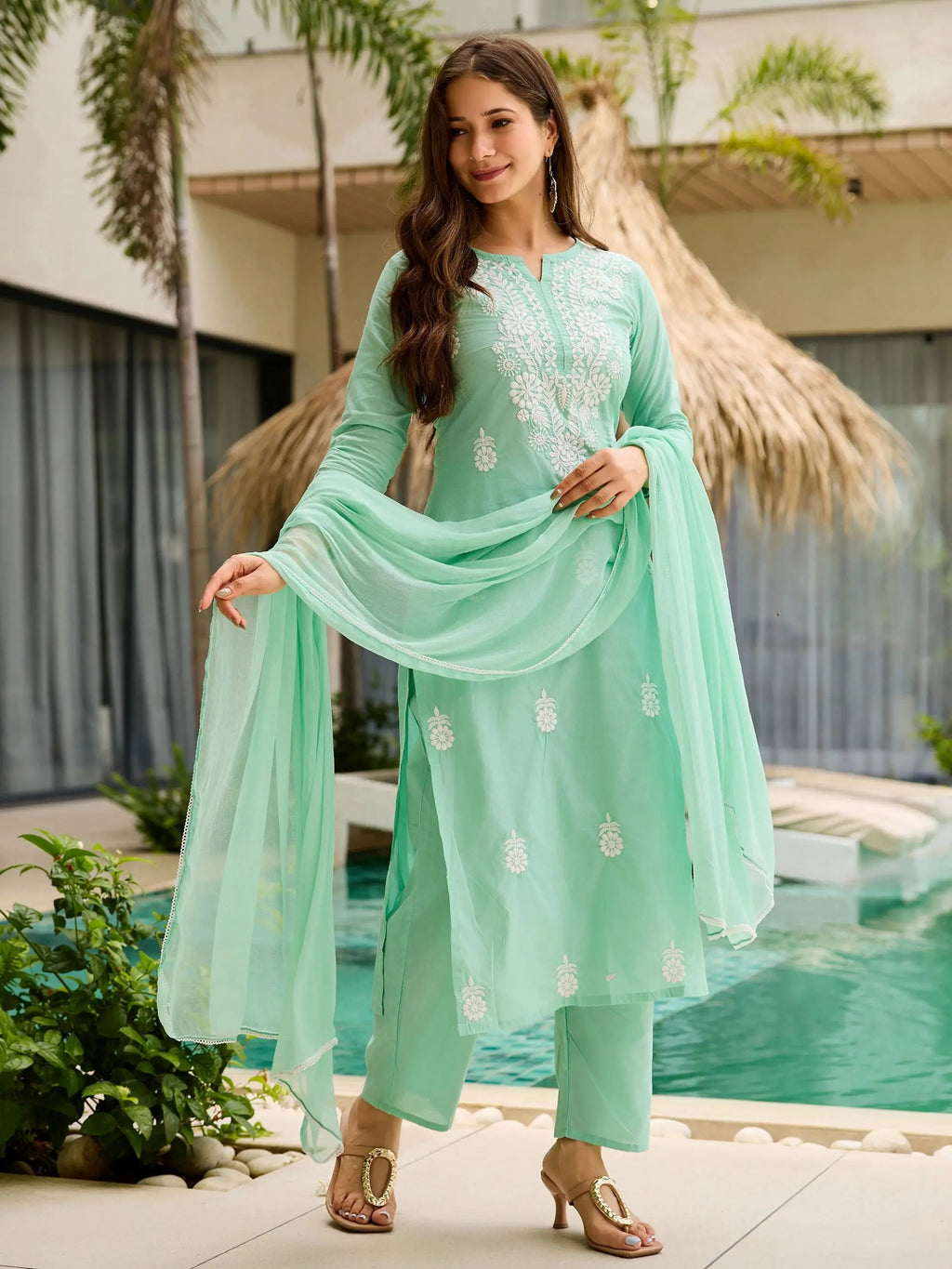 Timeless Turquoise Cotton Embroidered Office Wear Straight Suit