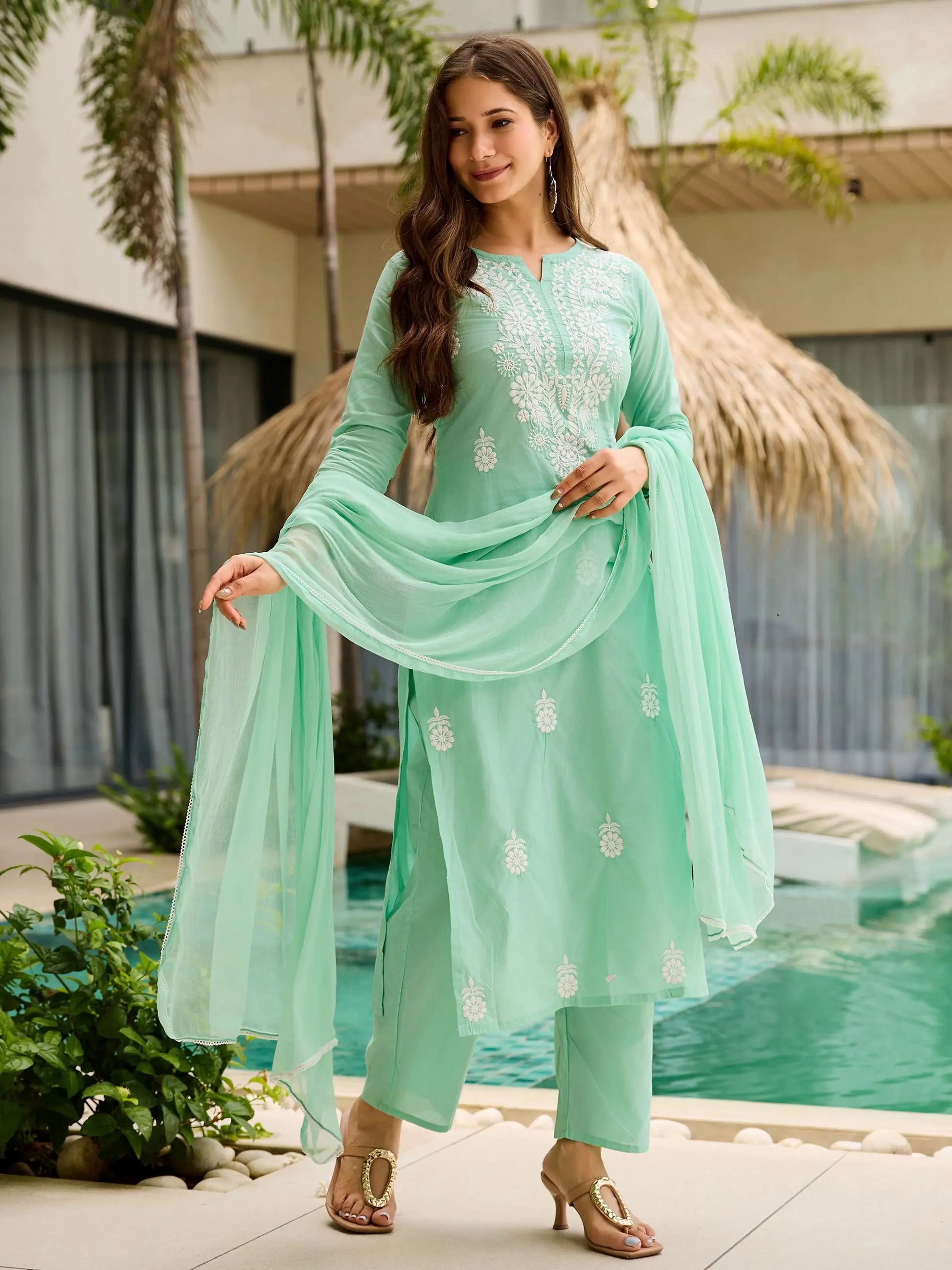 Timeless Turquoise Cotton Embroidered Office Wear Straight Suit