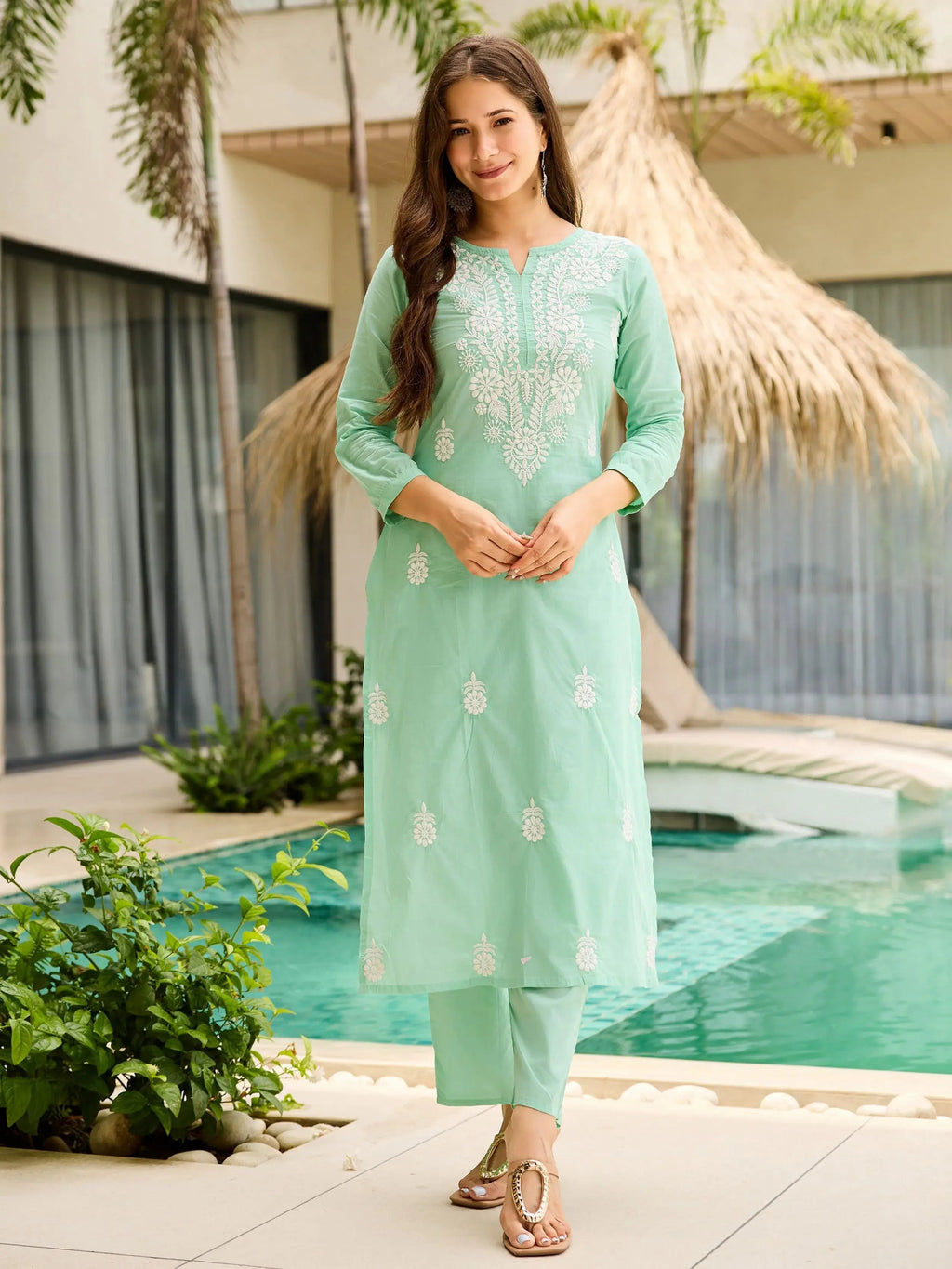 Timeless Turquoise Cotton Embroidered Office Wear Straight Suit