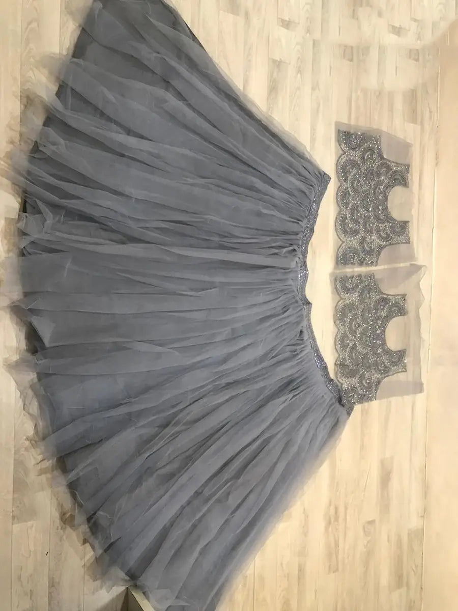 Timeless Grey Net Embroidered Party Wear Crop Top Lehenga