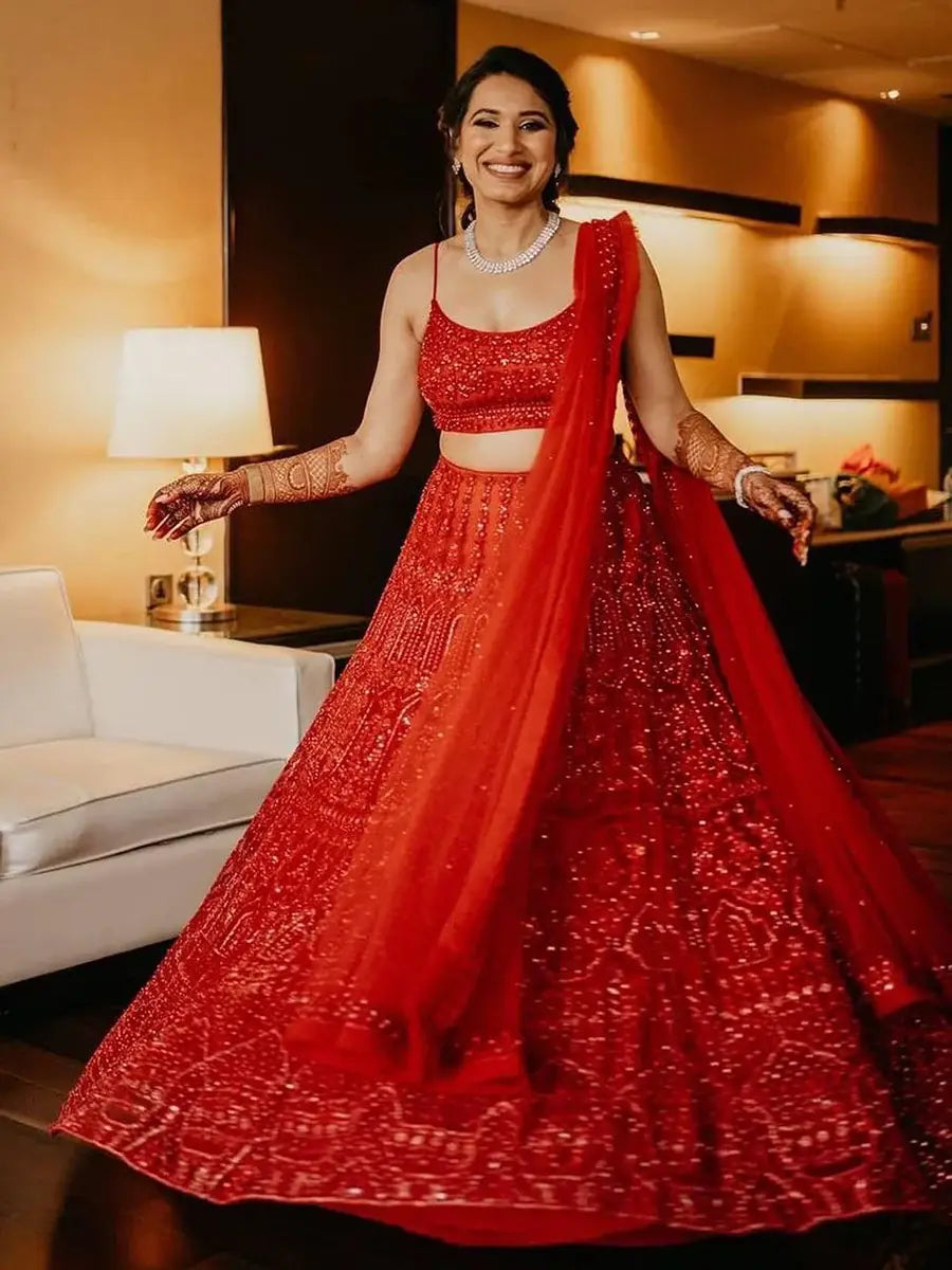 Regal Red Net Embroidered Bridesmaid Lehenga Choli With Dupatta