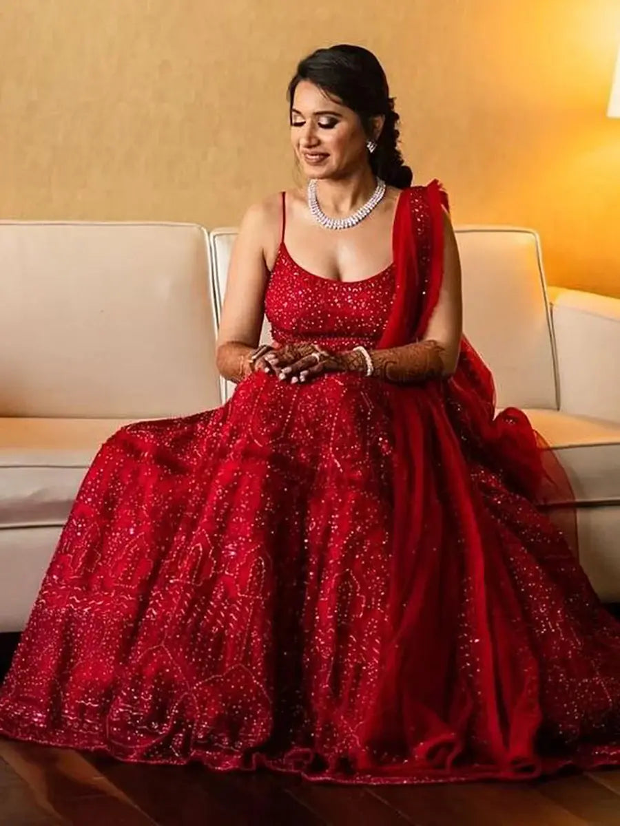 Regal Red Net Embroidered Bridesmaid Lehenga Choli With Dupatta