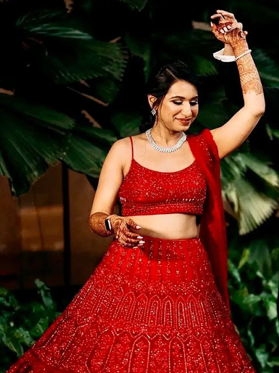 Regal Red Net Embroidered Bridesmaid Lehenga Choli With Dupatta