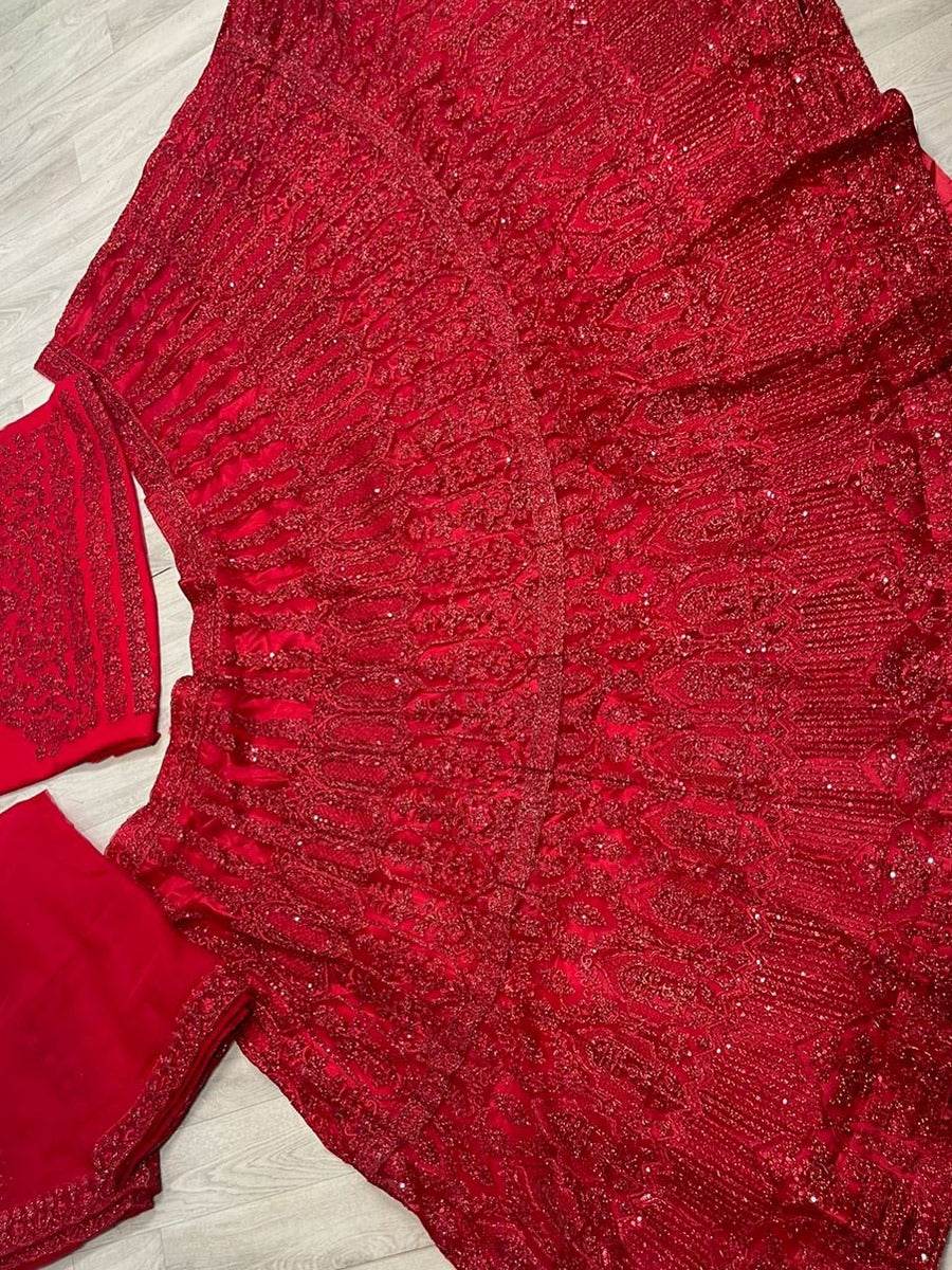 Regal Red Net Embroidered Bridesmaid Lehenga Choli With Dupatta
