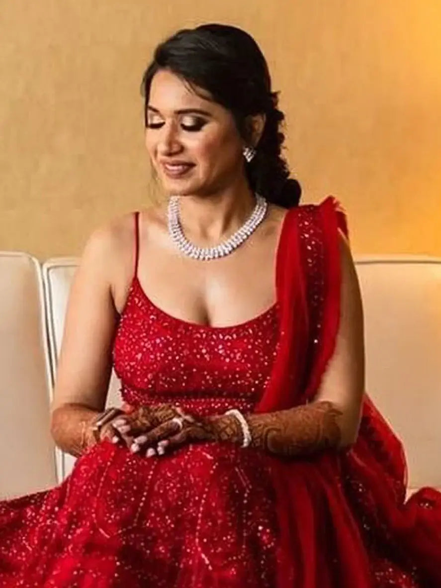 Regal Red Net Embroidered Bridesmaid Lehenga Choli With Dupatta