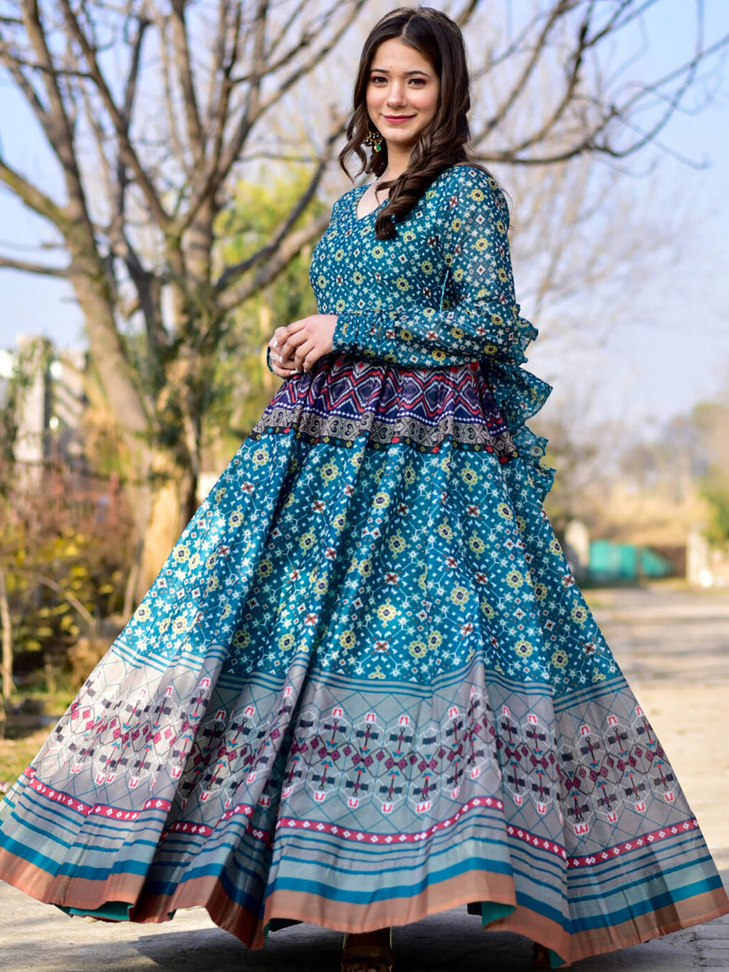 Charming Blue Chanderi Digital Printed Festive Wear Gown