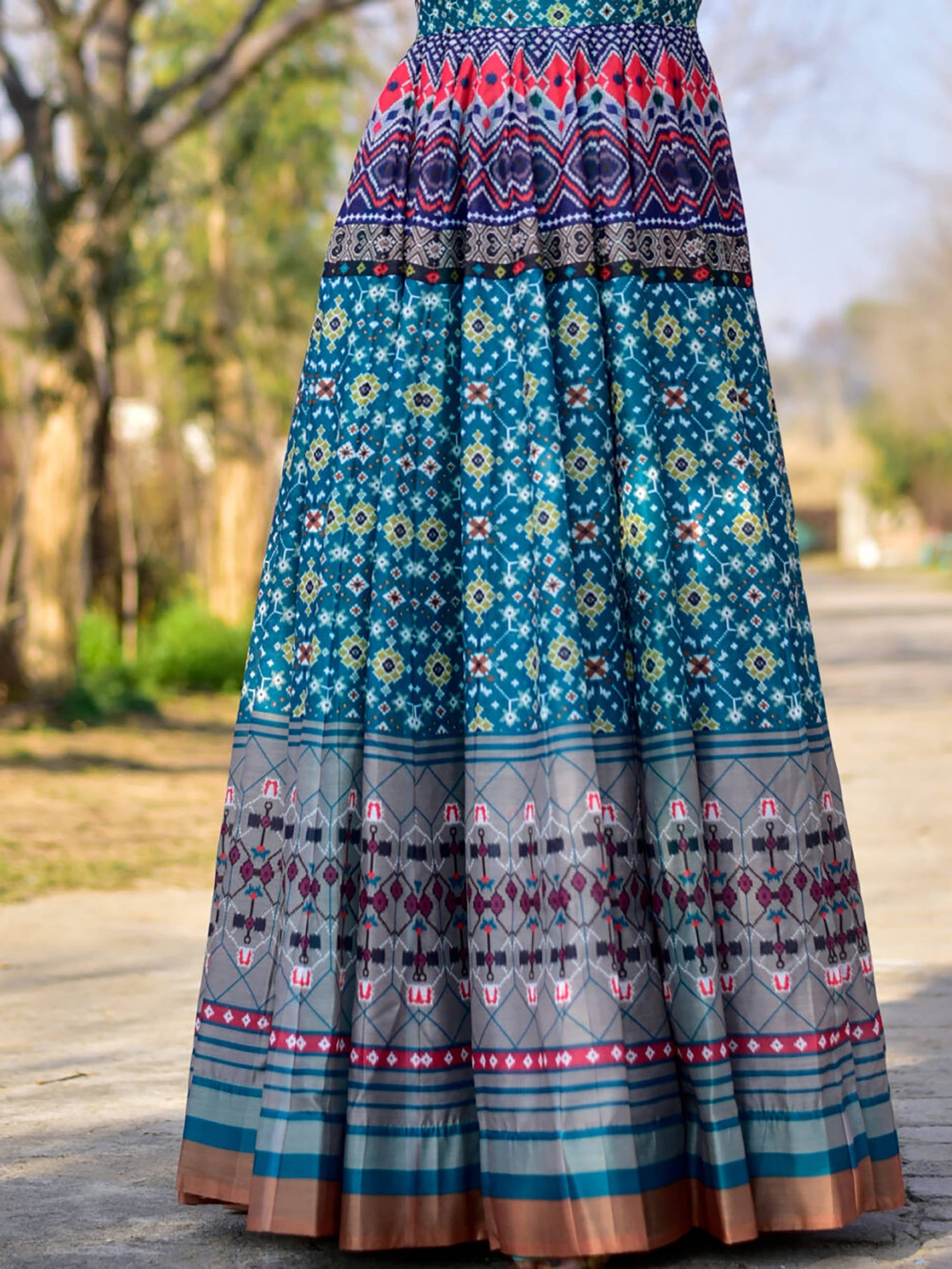 Charming Blue Chanderi Digital Printed Festive Wear Gown
