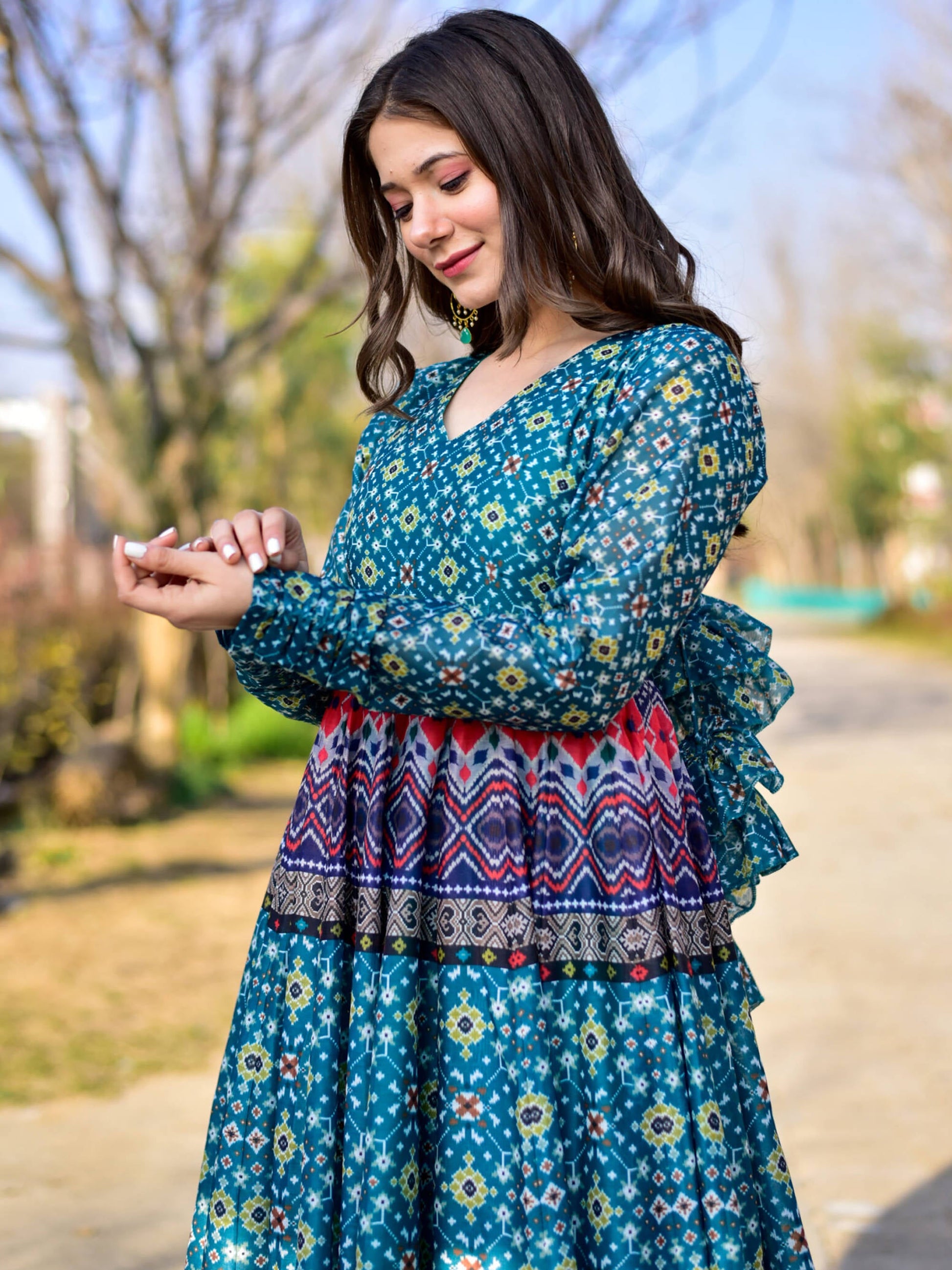 Charming Blue Chanderi Digital Printed Festive Wear Gown