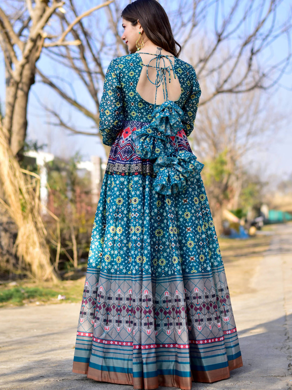 Charming Blue Chanderi Digital Printed Festive Wear Gown