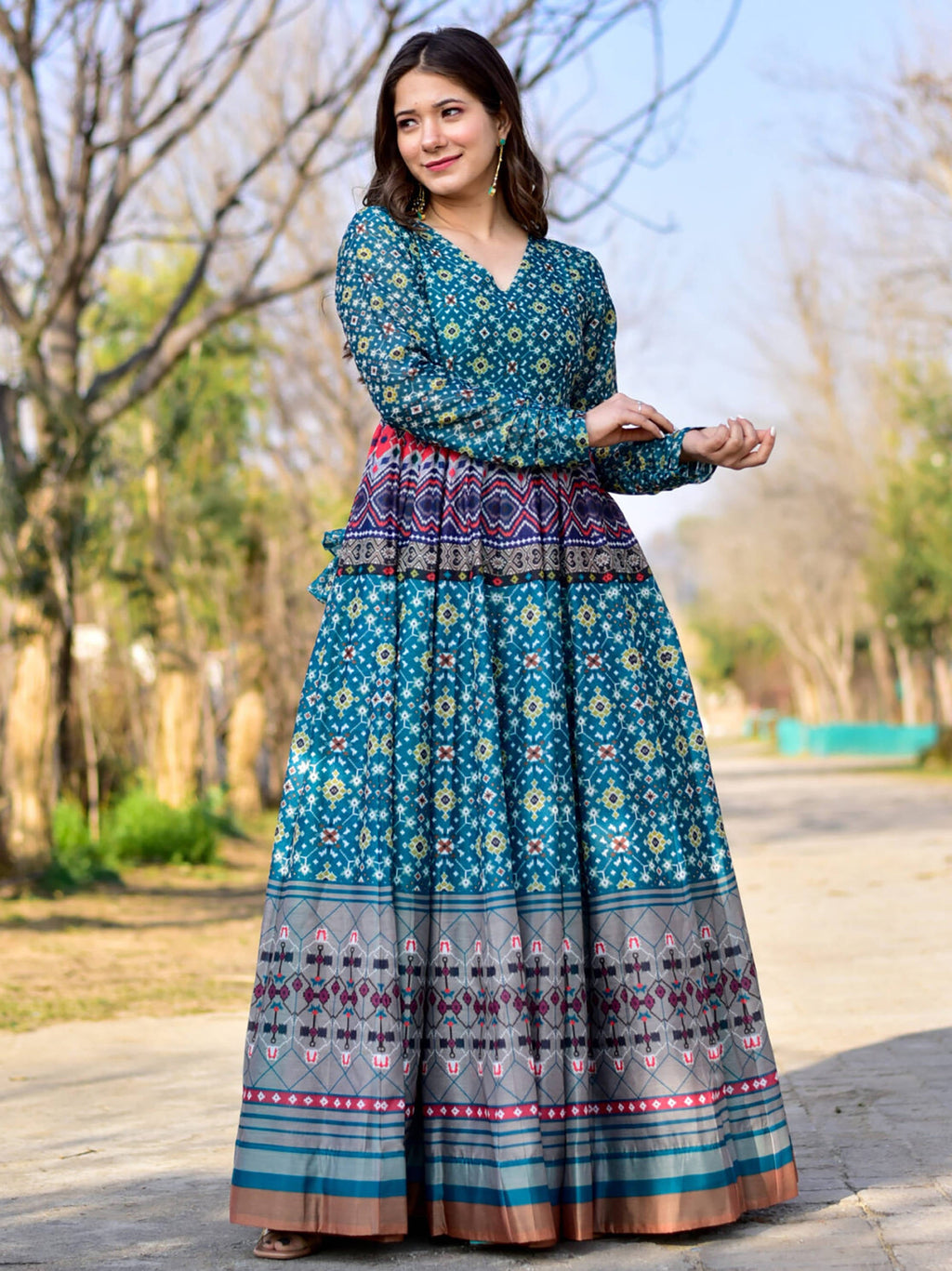 Charming Blue Chanderi Digital Printed Festive Wear Gown