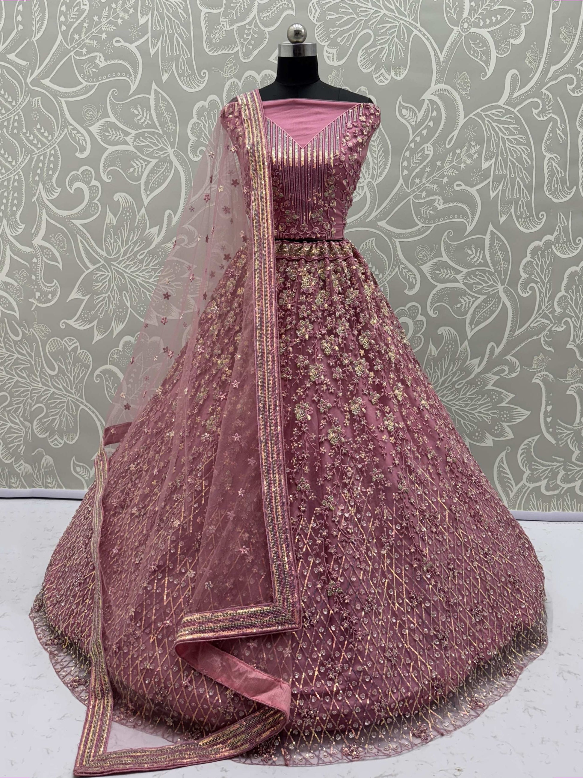 Artistic Pink Net Sequins Work Bridesmaid Lehenga Choli With Dupatta
