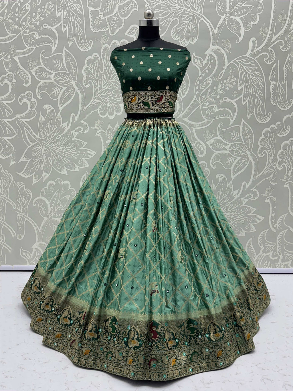 Charming Emerald Green Satin Lehenga Choli With Banarasi Dupatta