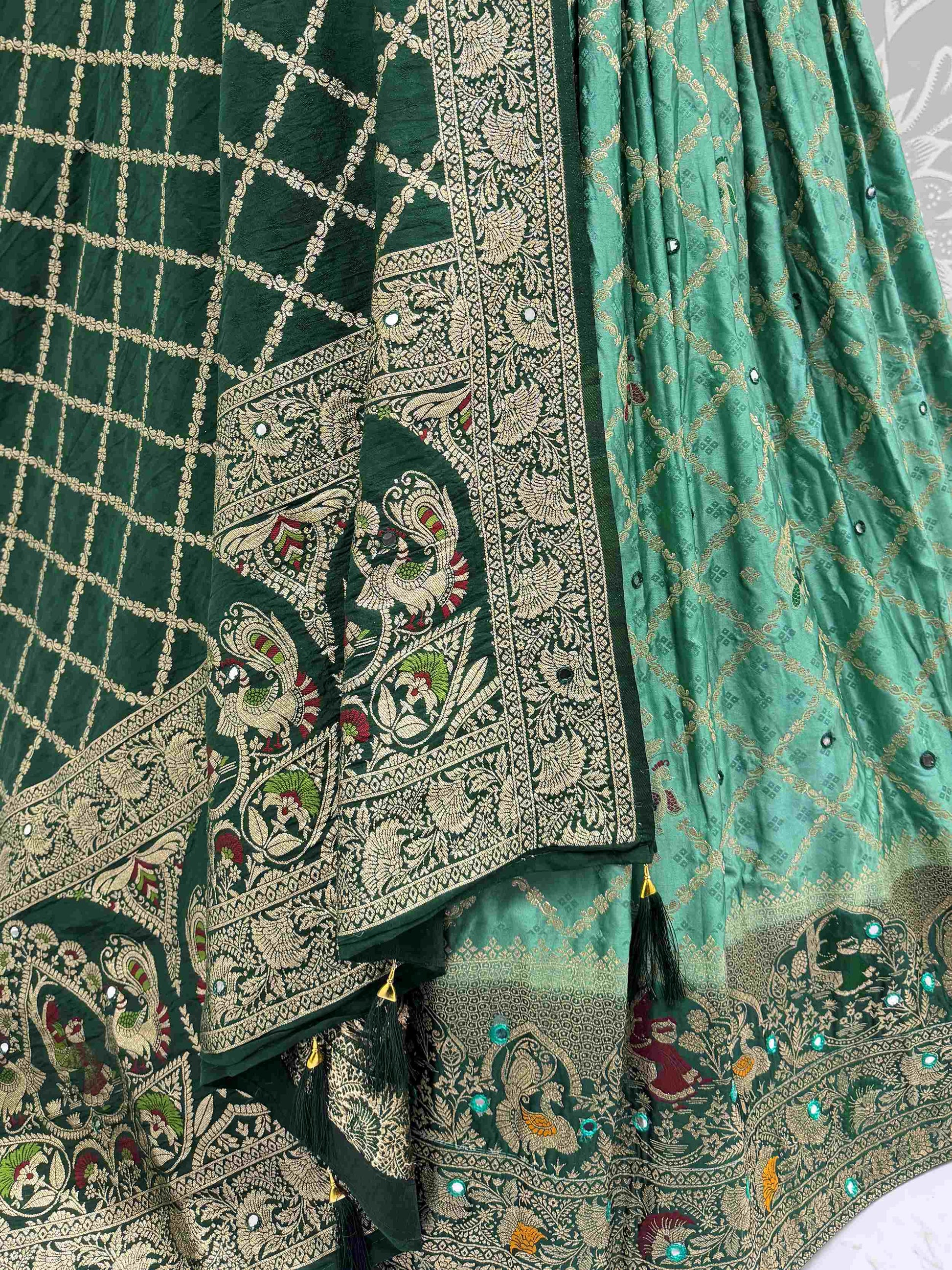 Charming Emerald Green Satin Lehenga Choli With Banarasi Dupatta