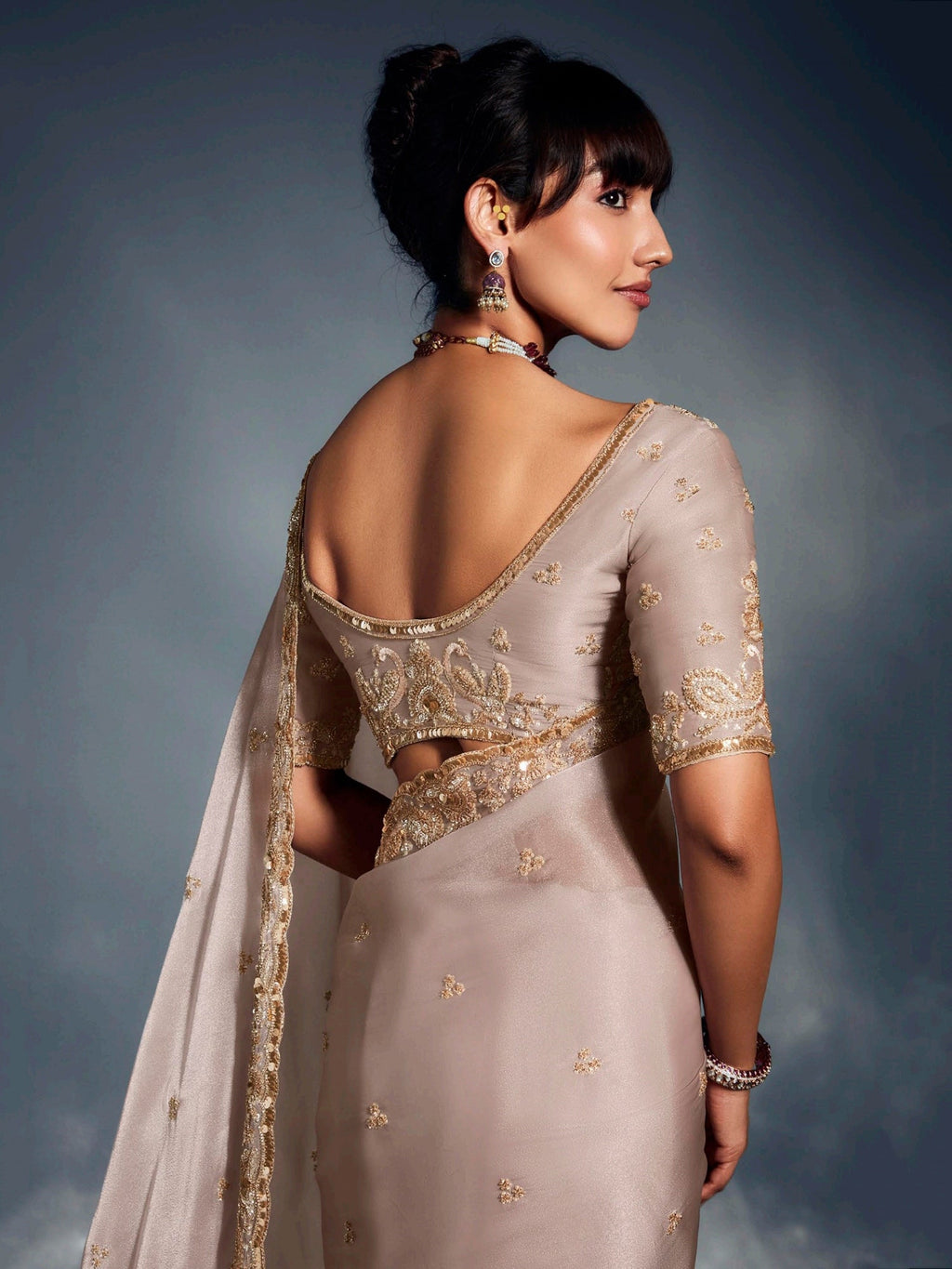 Glamorous Beige Border Work Organza Traditional Saree With Blouse