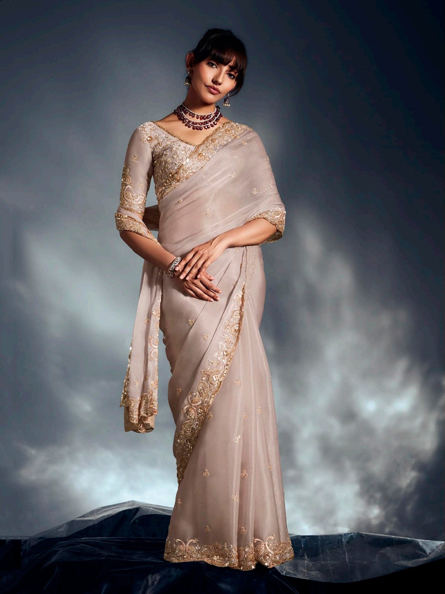 Glamorous Beige Border Work Organza Traditional Saree With Blouse