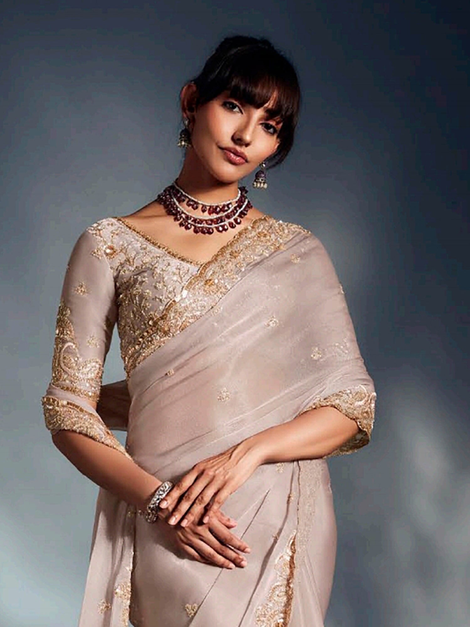 Glamorous Beige Border Work Organza Traditional Saree With Blouse