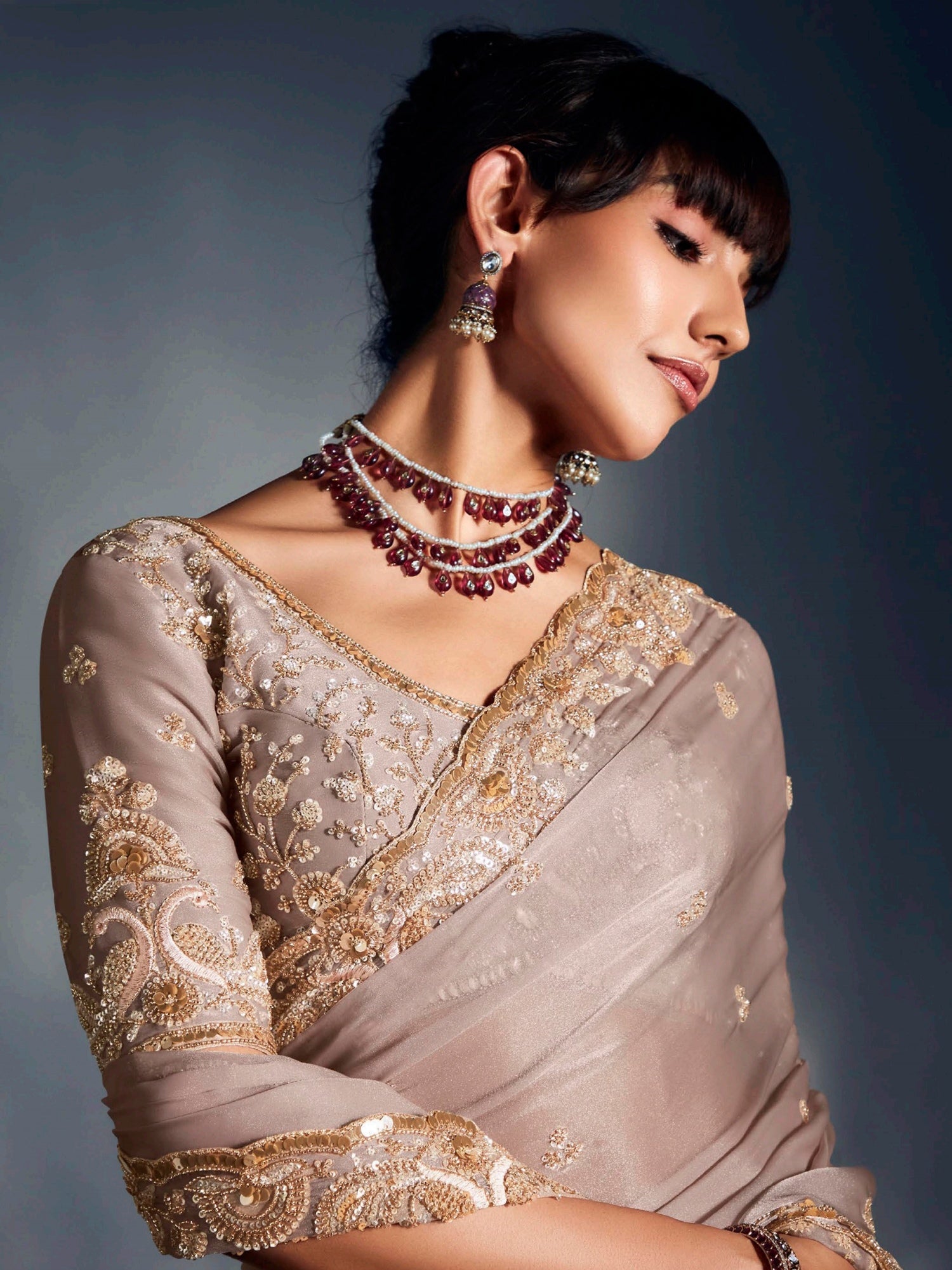 Glamorous Beige Border Work Organza Traditional Saree With Blouse