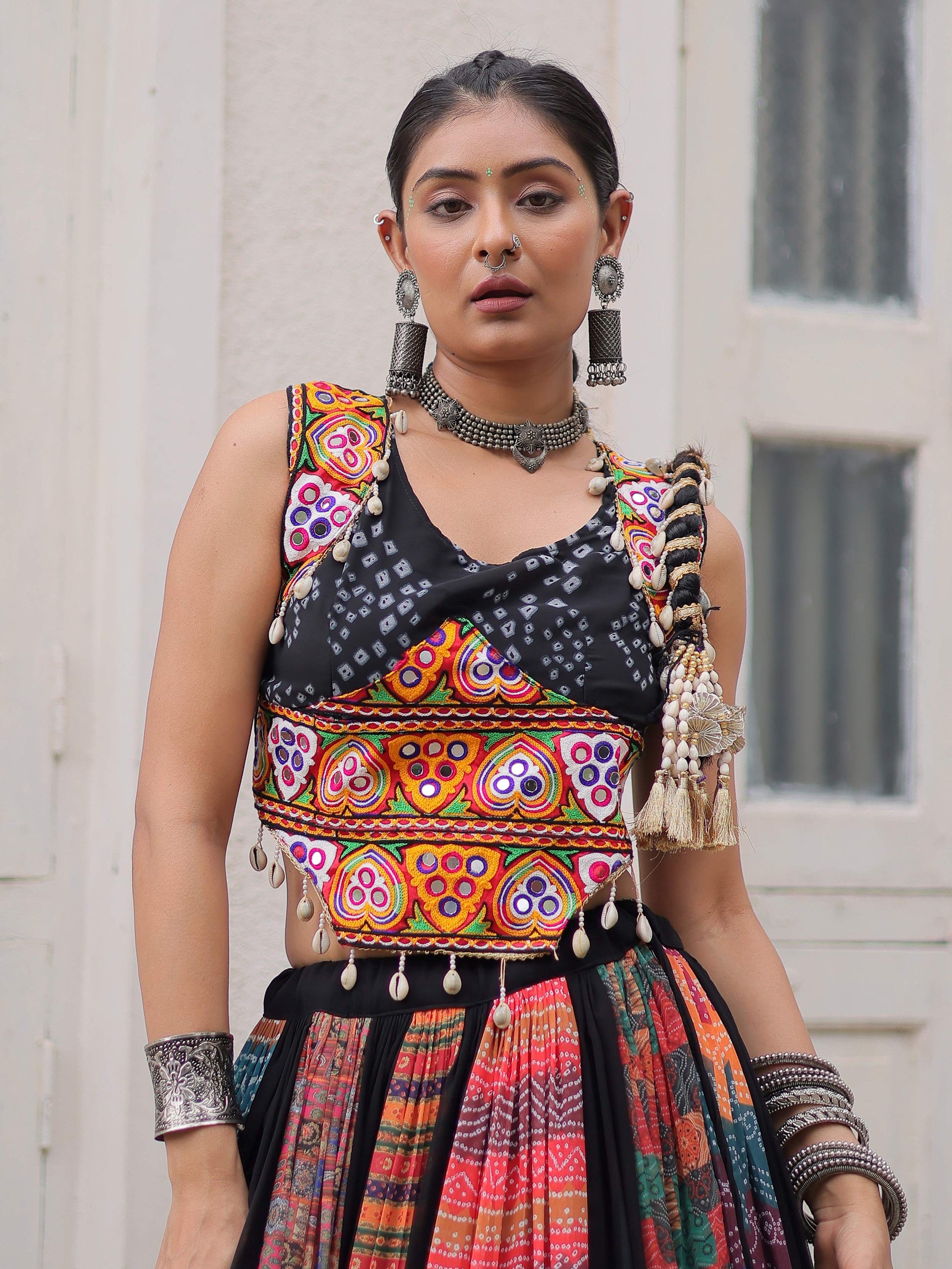 Artistic Black Bandhani Printed Navratri Wear Crop Top Lehenga