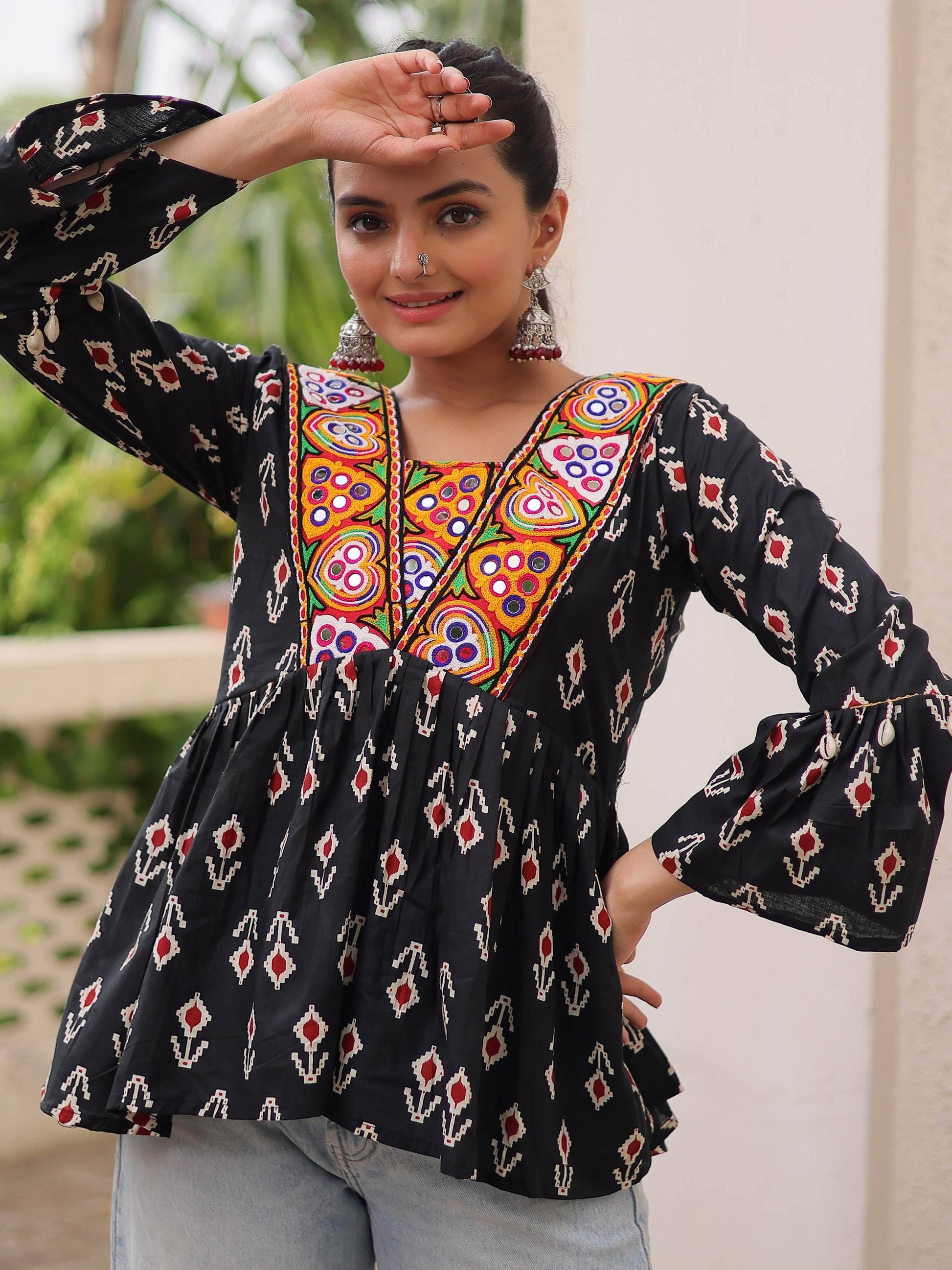 Classy Black Cotton Ikkat Printed Navratri Wear Peplum Top